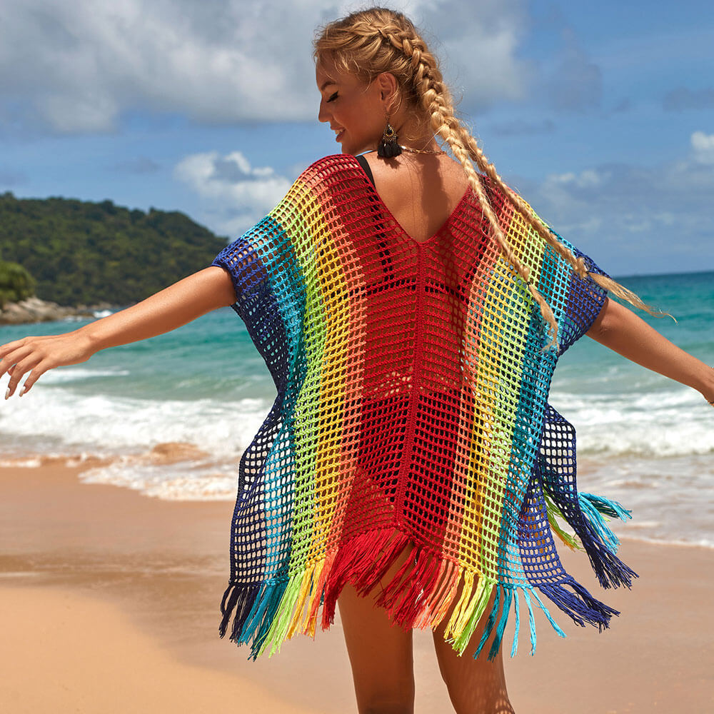 Premium Boho Rainbow Crochet Beach Cover-Up Dress