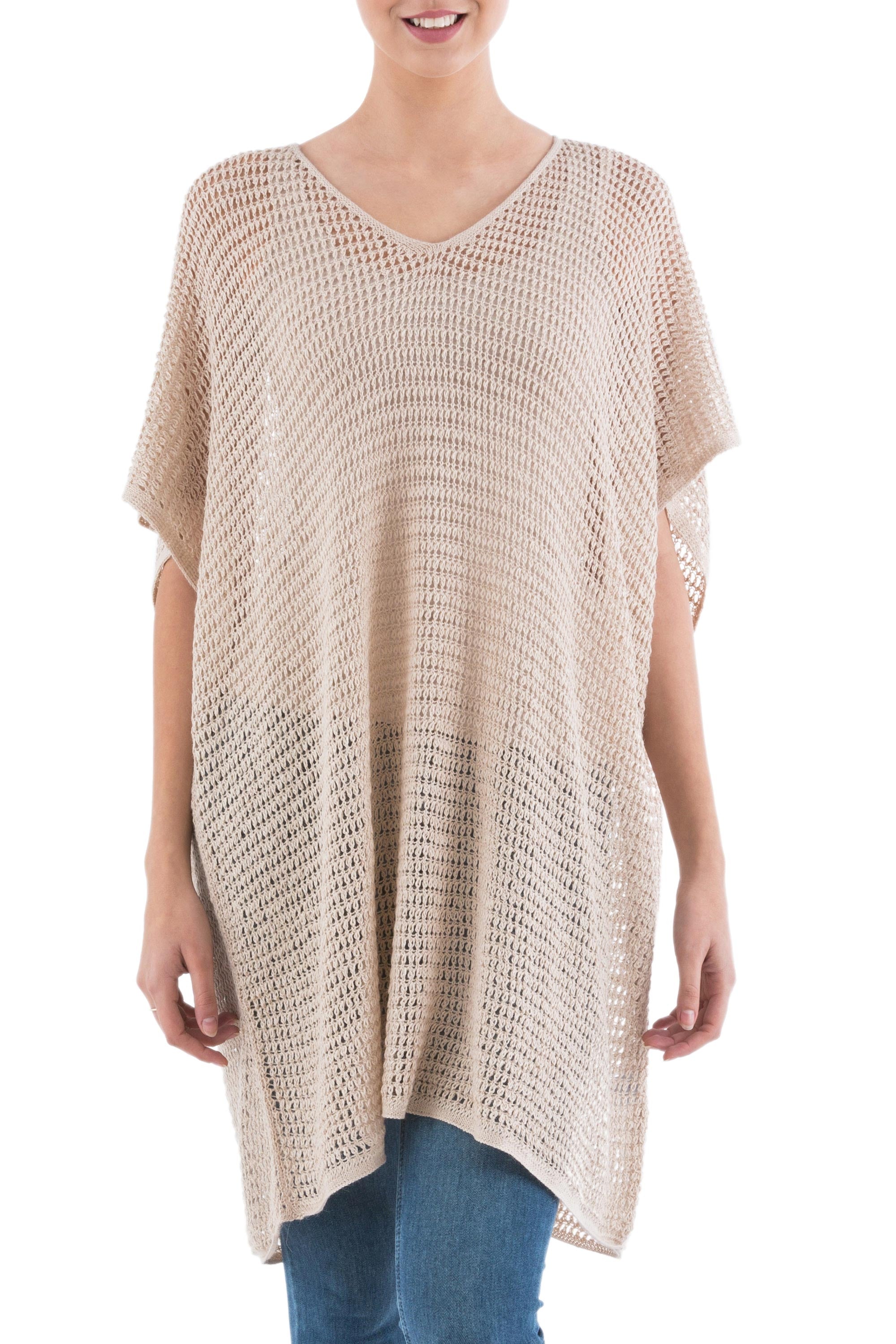 Premium Beige Dreamcatcher Tunic - Soft V-Neck & Short Sleeves