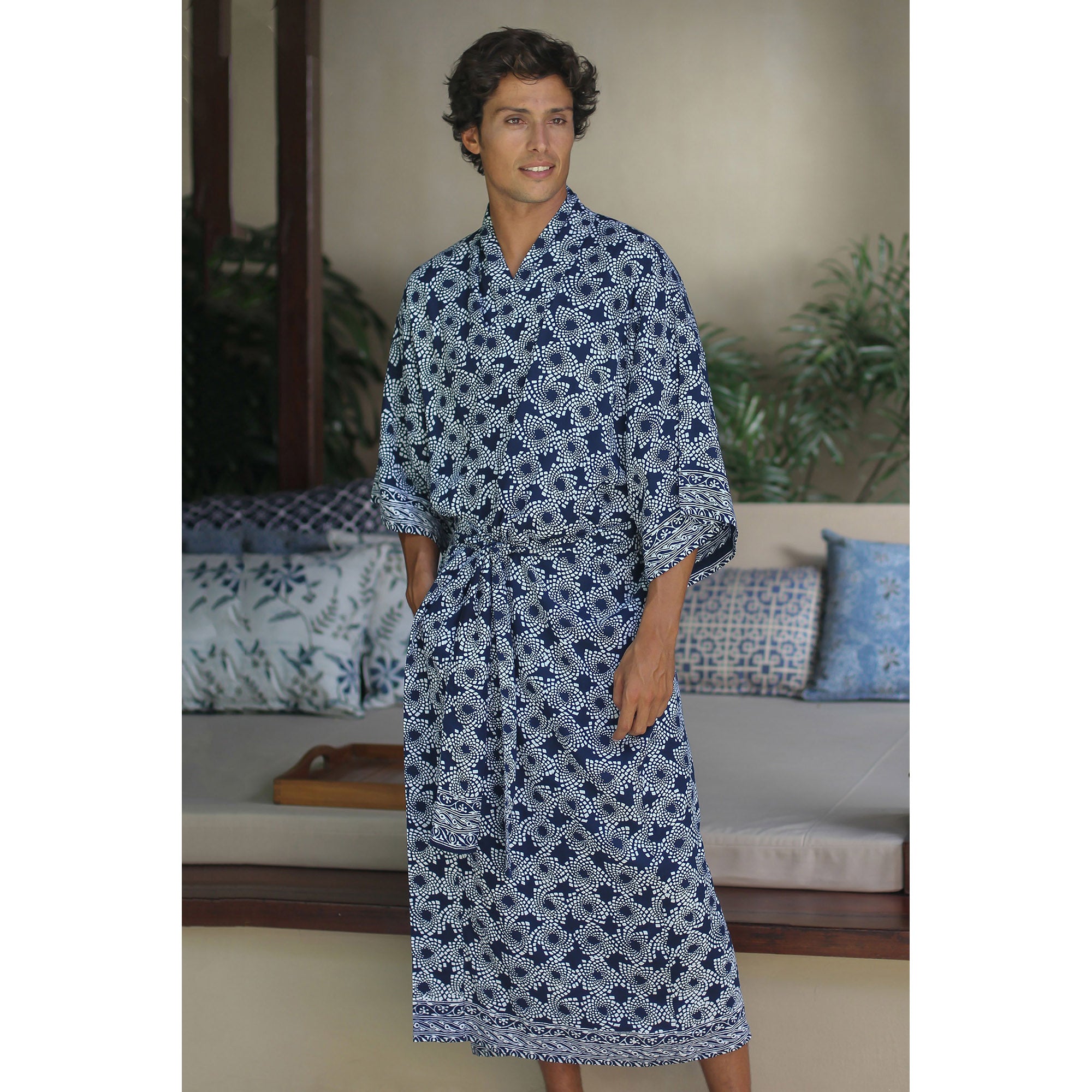 Premium Navy Blue Nebula Men's Batik Robe - Handmade Artistry