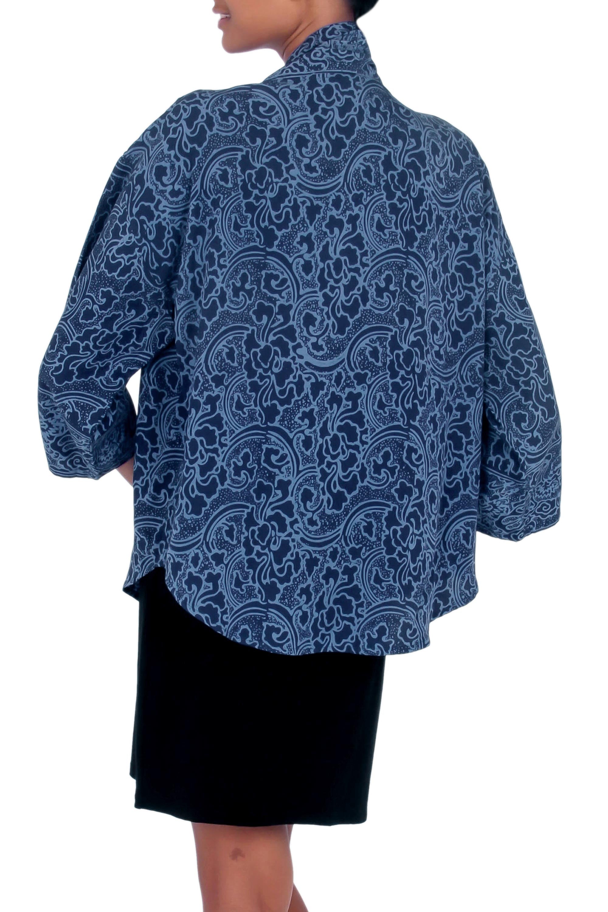 Premium Indigo Garden Blue Javanese Batik Rayon Kimono Jacket