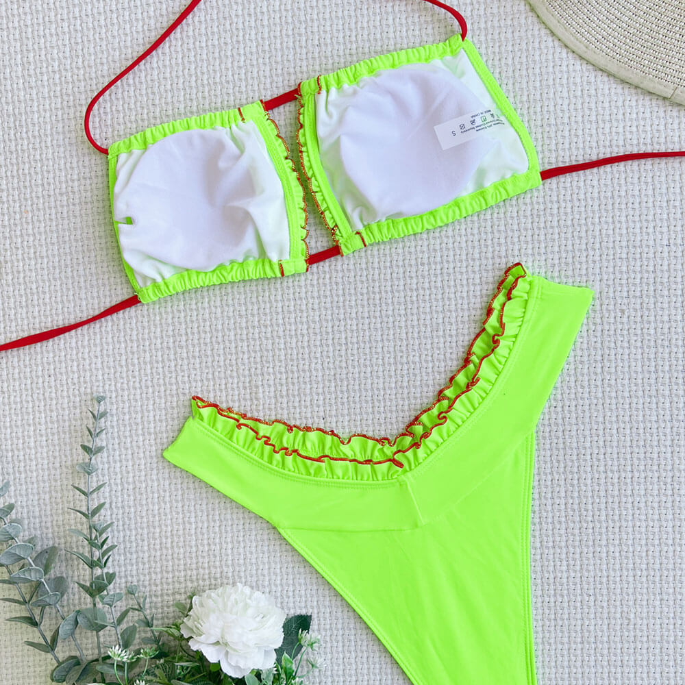 Ultimate Neon Contrast Ruffle Halter Bikini Set - Brazilian Style