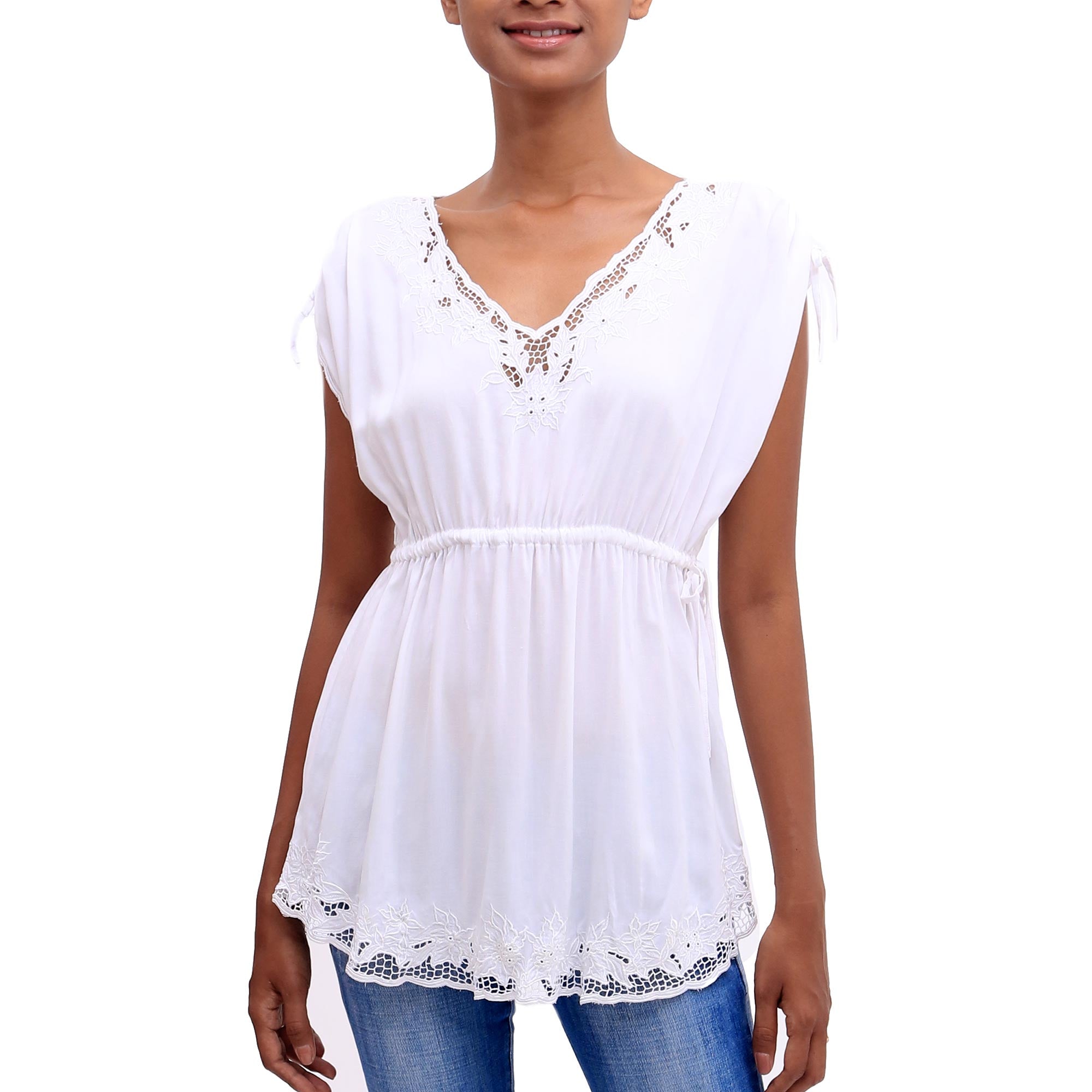 Premium White Floral Embroidered Rayon Blouse - Artisan Crafted in Bali