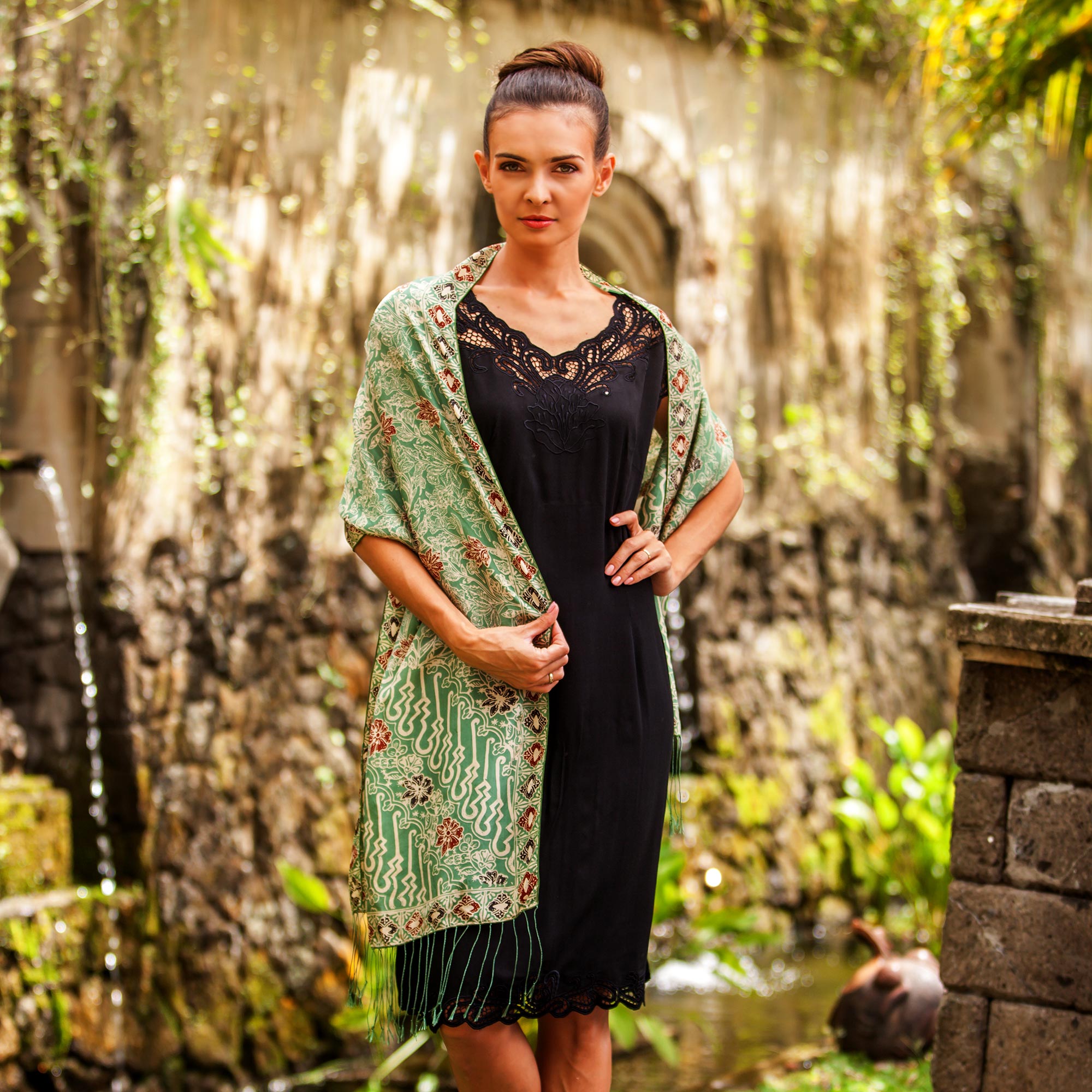 Premium Moss Green Batik Silk Shawl with Elegant Floral Motifs - Handcrafted in Bali