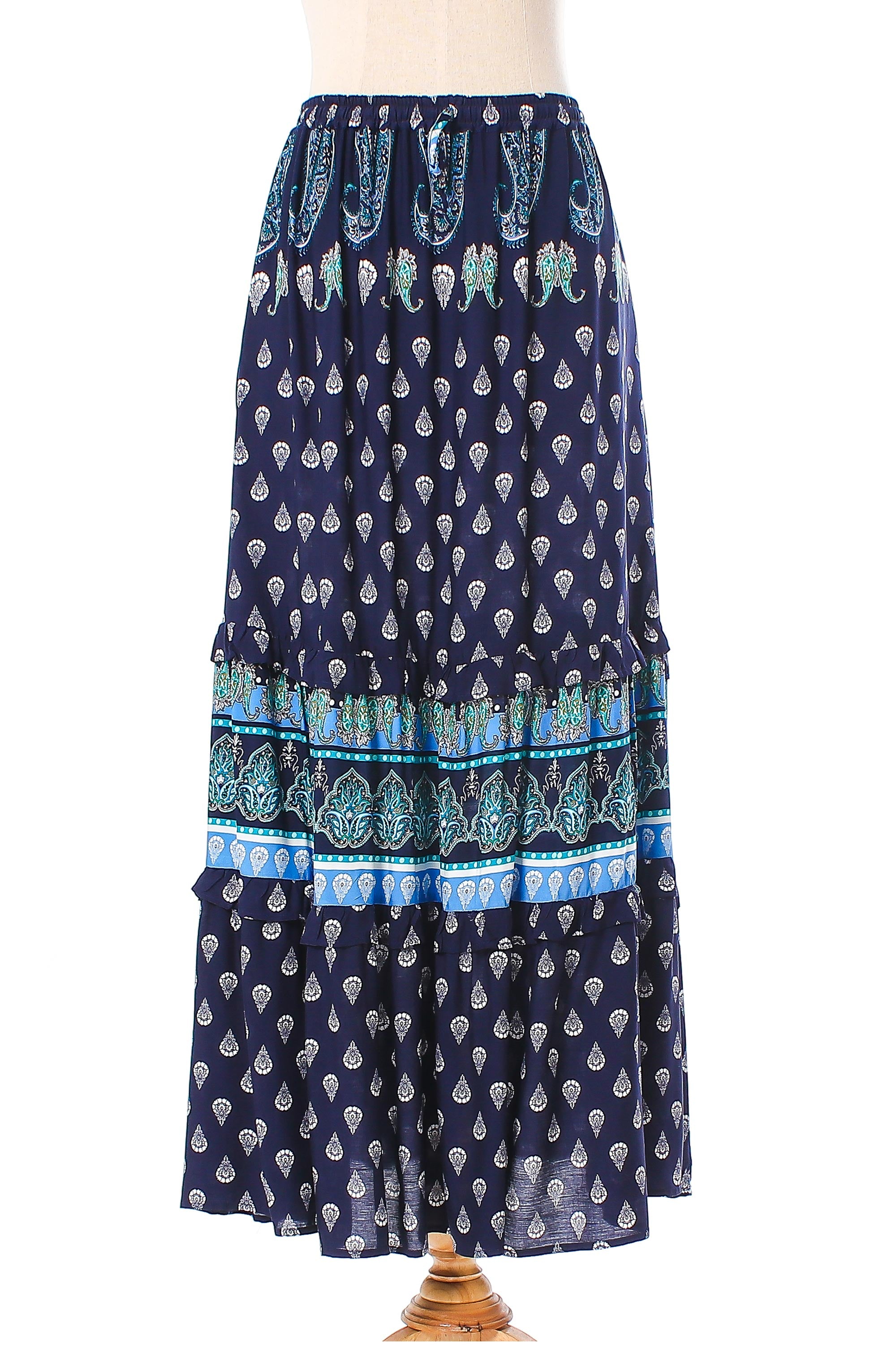 Premium Navy Paisley Rayon Maxi Skirt – Handcrafted in Thailand