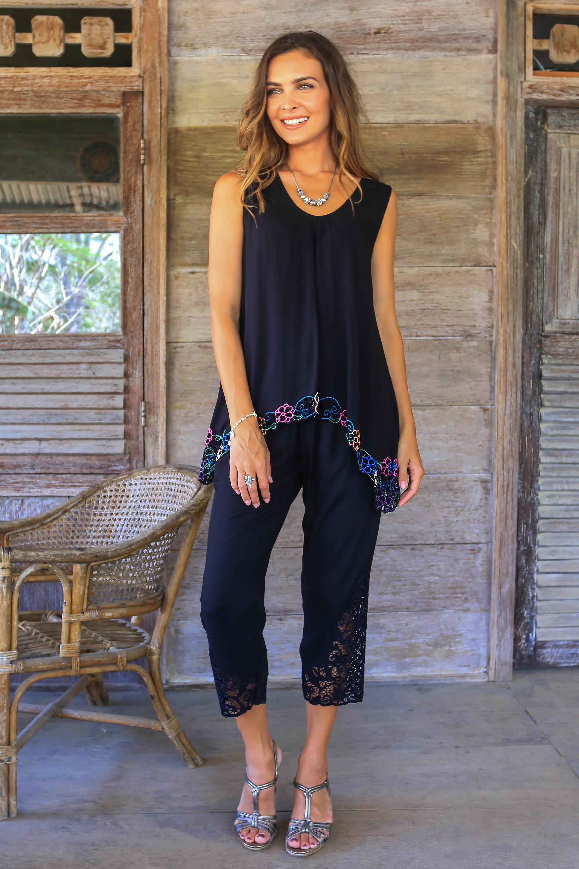 Premium Lotus Floral Embroidered Rayon Pants – Handcrafted in Bali