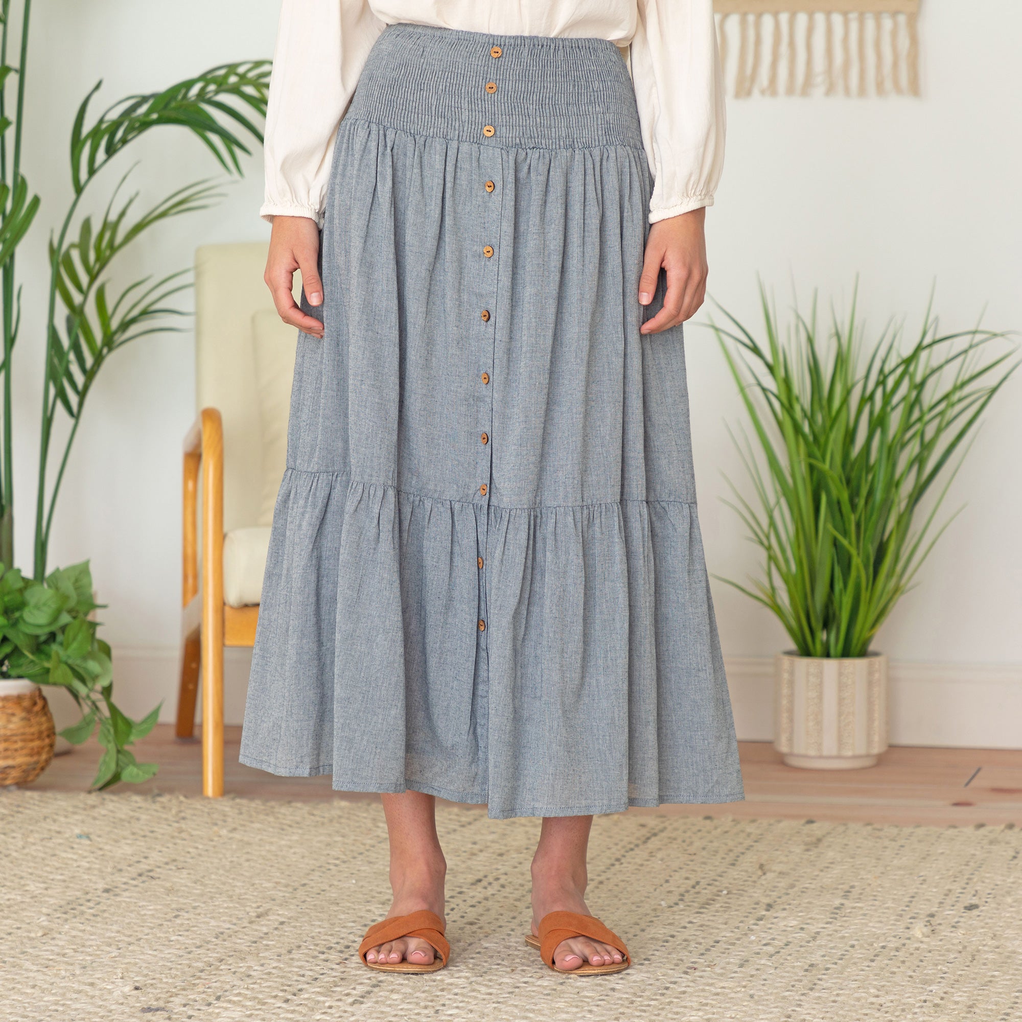 Premium Chambray Button-Down Tiered Skirt