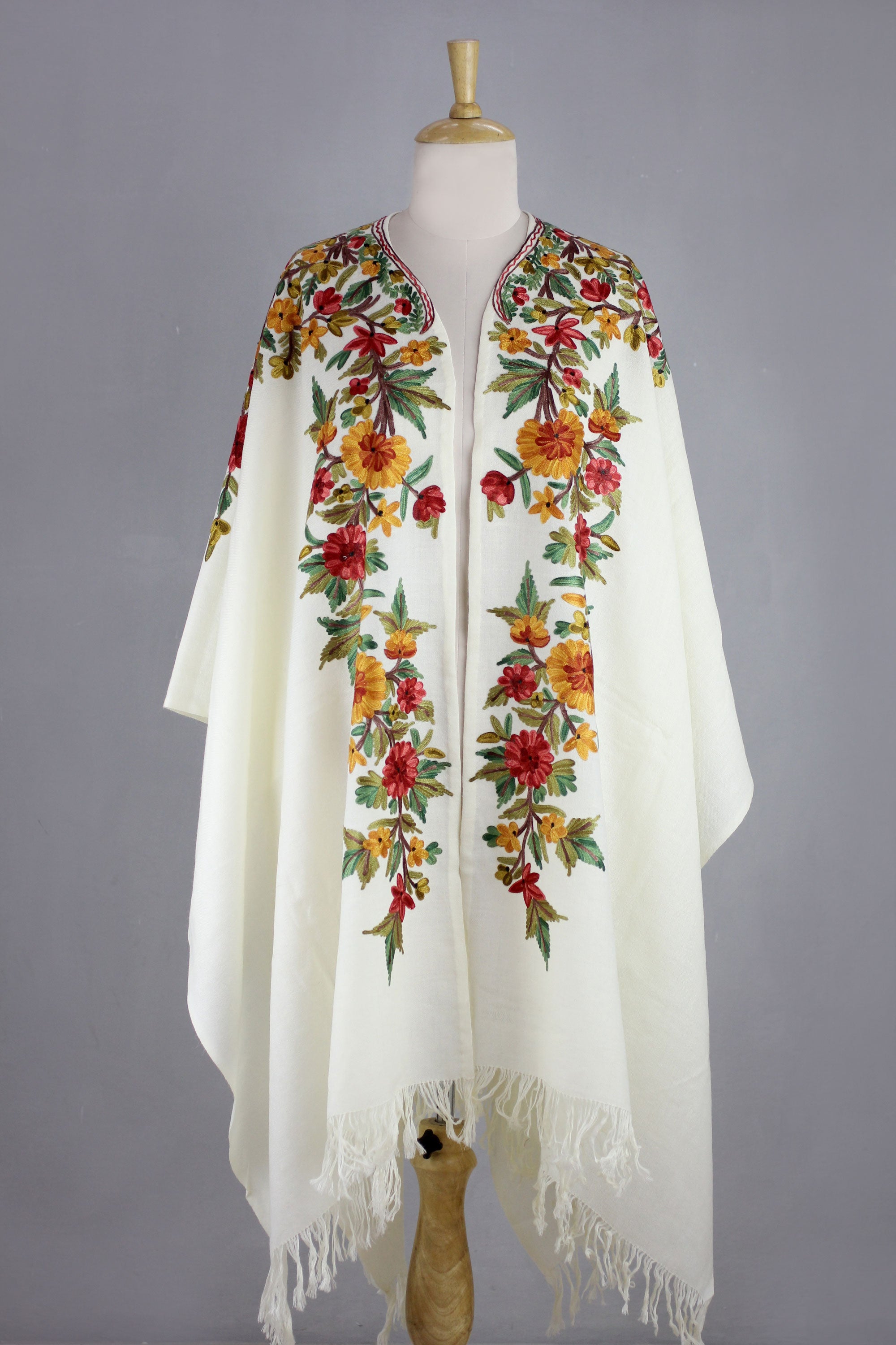 Premium White Wool Cape with Exquisite Chain Stitch Floral Embroidery