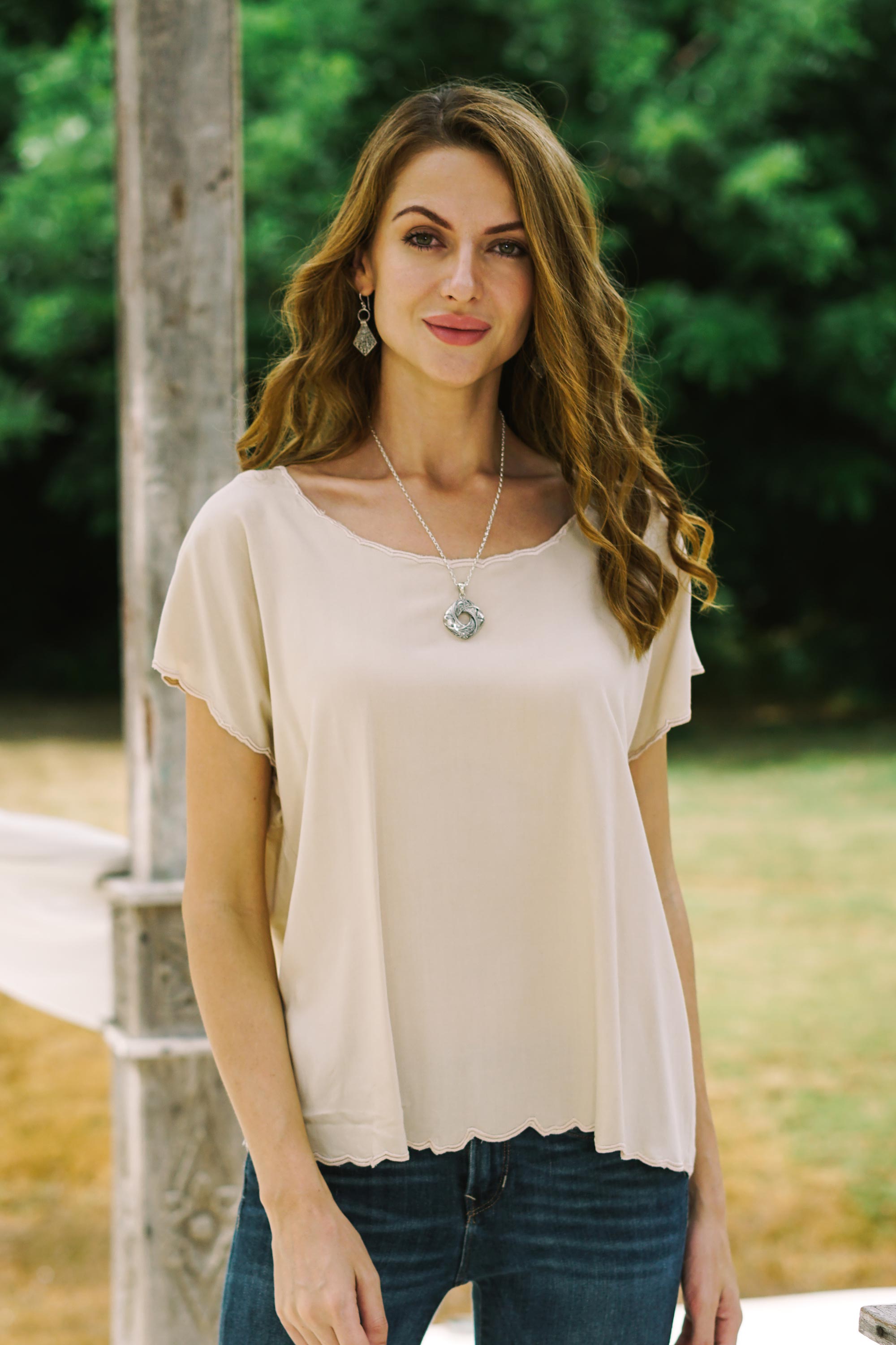 Premium Timeless Tee: Ivory Rayon Blouse with Artisan Embroidery