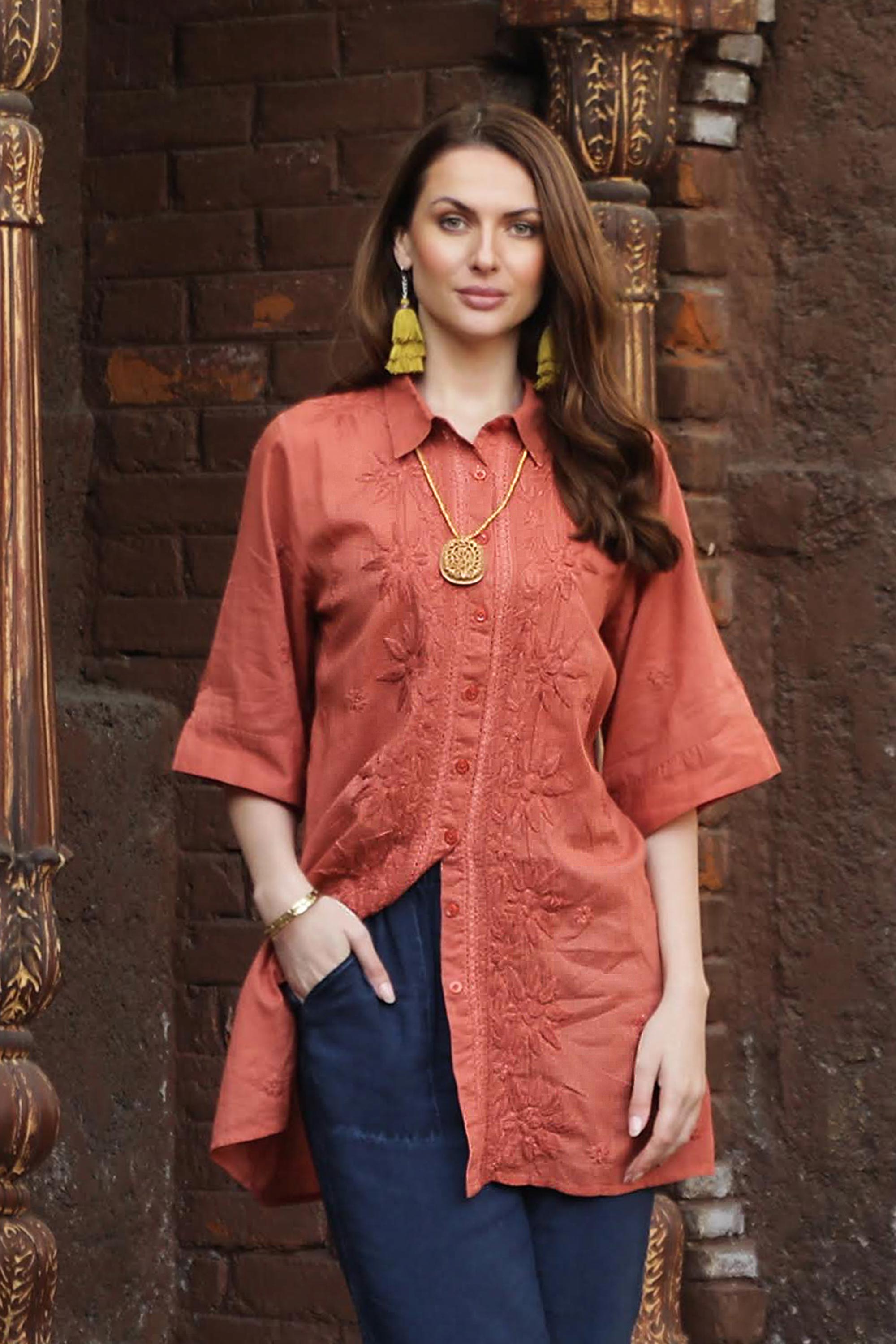 Premium Chikankari Embroidered Cotton Shirt - Terracotta Elegance