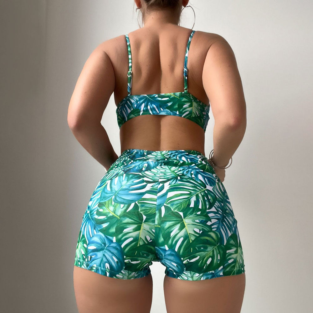 Premium Tropical Palm Leaf High-Waist Boyshort Bikini Set