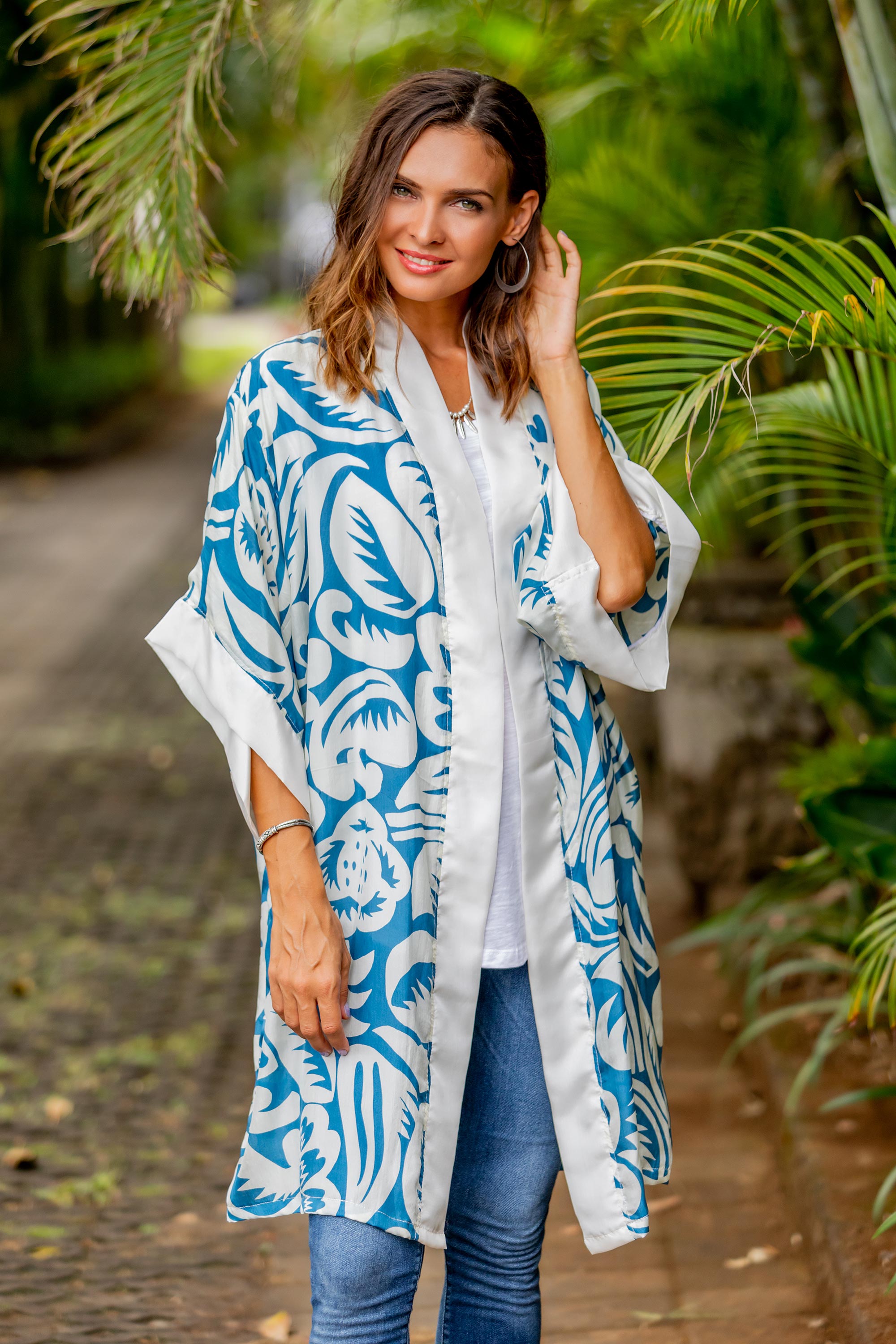 Premium Tropical Hibiscus Silk Kimono Robe for Women