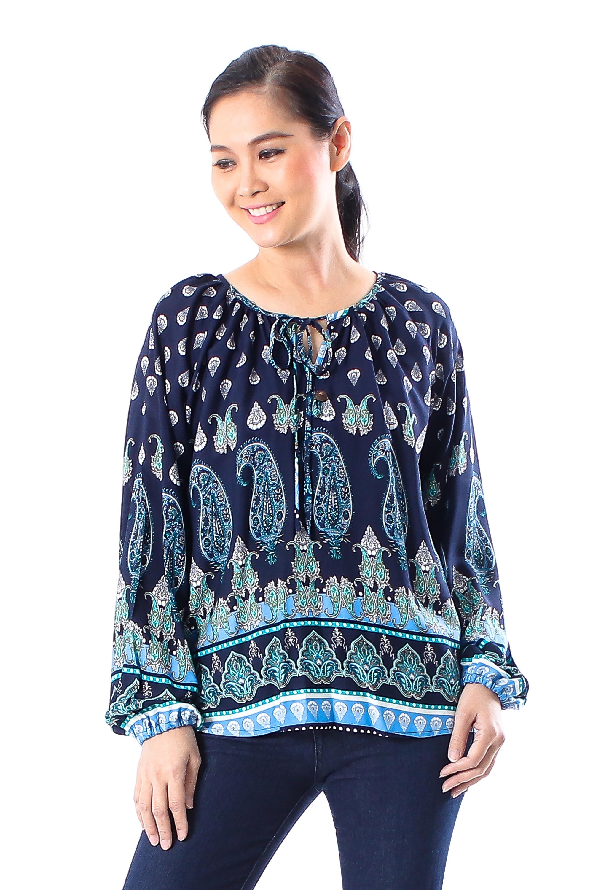 Premium Indigo Paisley Rayon Blouse - Handcrafted in Thailand