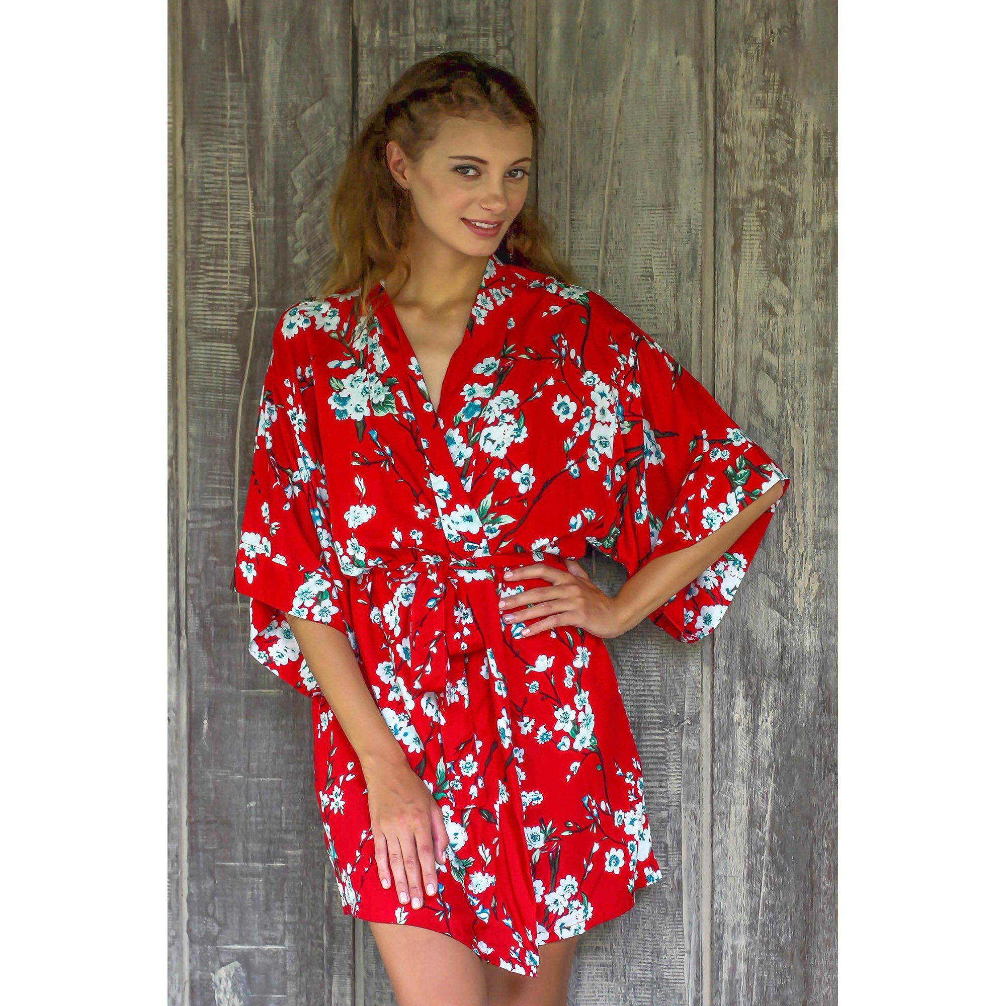 Premium Holy Jasmine Floral Robe - Caribbean Blue & Candy Apple Red