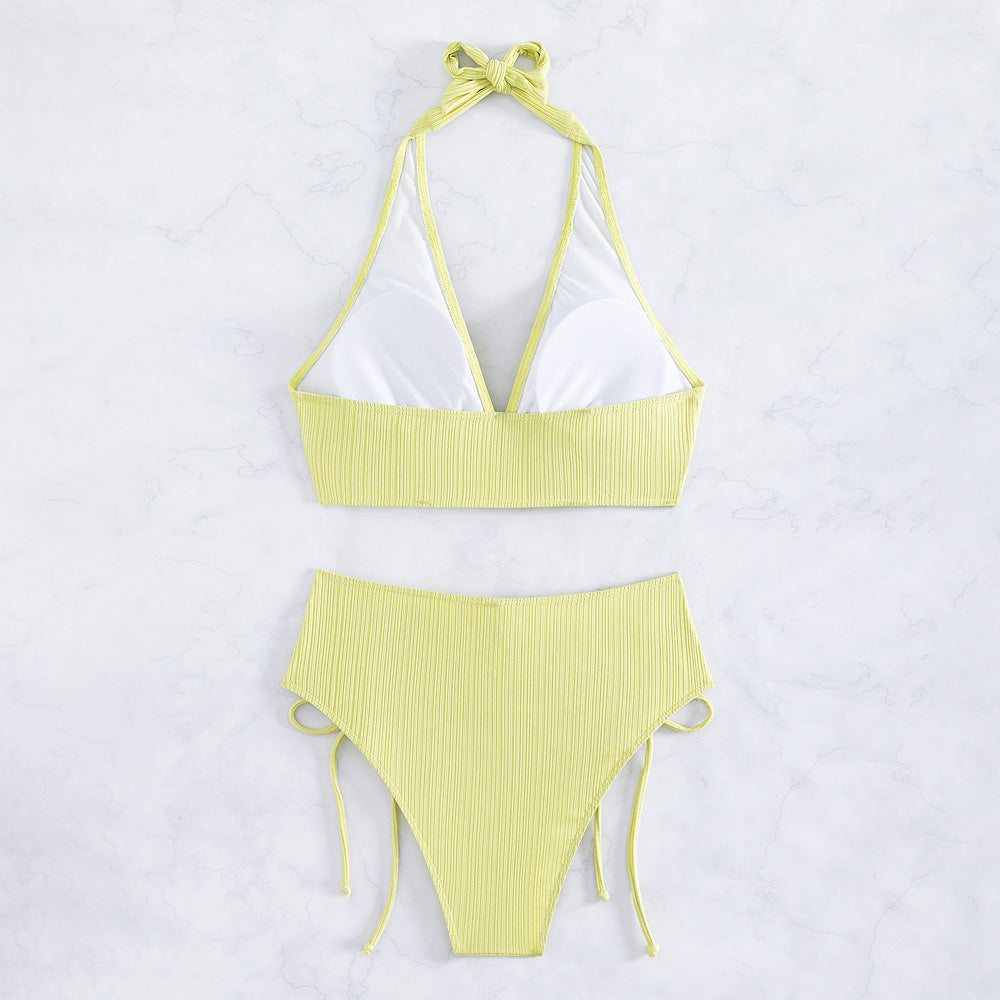 Premium Ruched Tie High Waist Ribbed Halter Bikini Set - Pastel Yellow