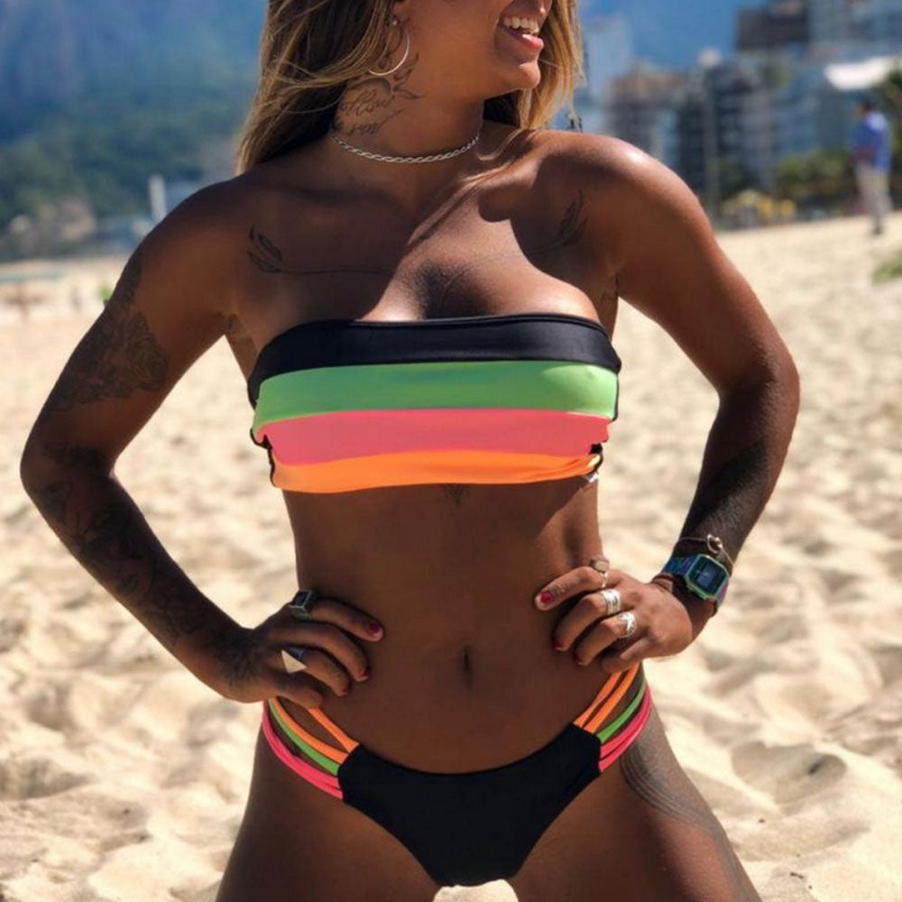 Premium Rainbow Stripe Bandeau Bikini Set - Ultimate Beachwear