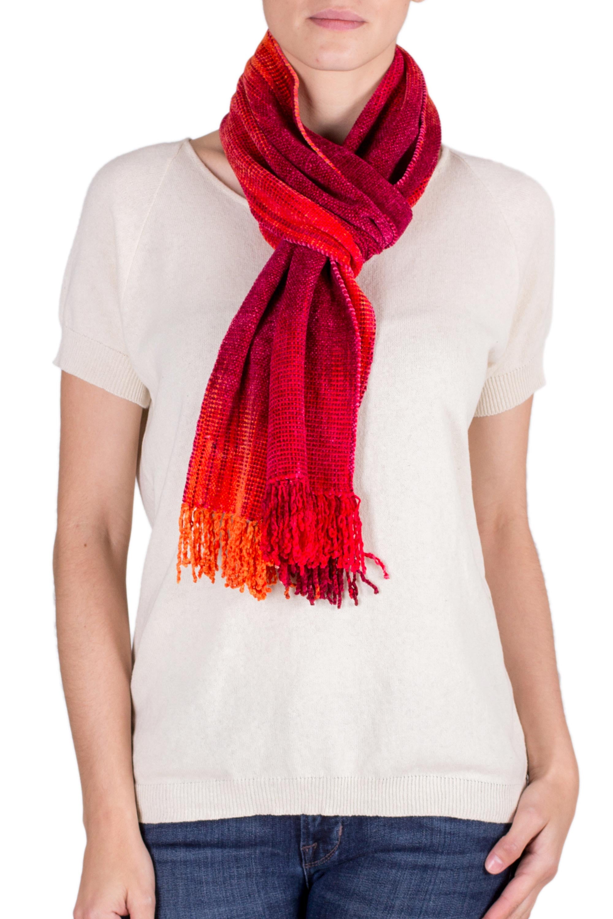 Premium Crimson Embrace: Handwoven Rayon Chenille Scarf in Red & Burgundy