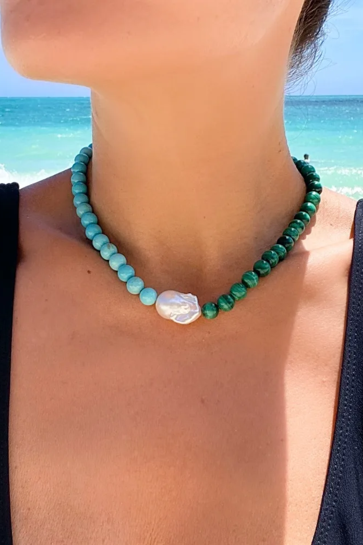 Premium Kaia Sage Turquoise & Malachite Pearl Necklace