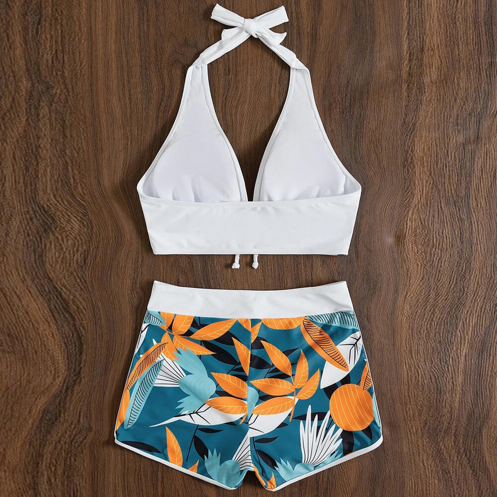 Premium Tropical High Waist Bikini Set - Halter & Boy Short Style