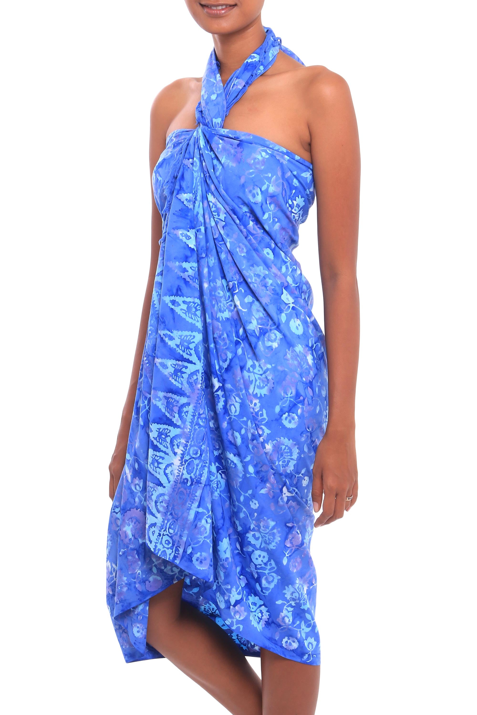 Premium Pastel Blue Batik Sarong - Handcrafted Floral Rayon Wrap from Bali