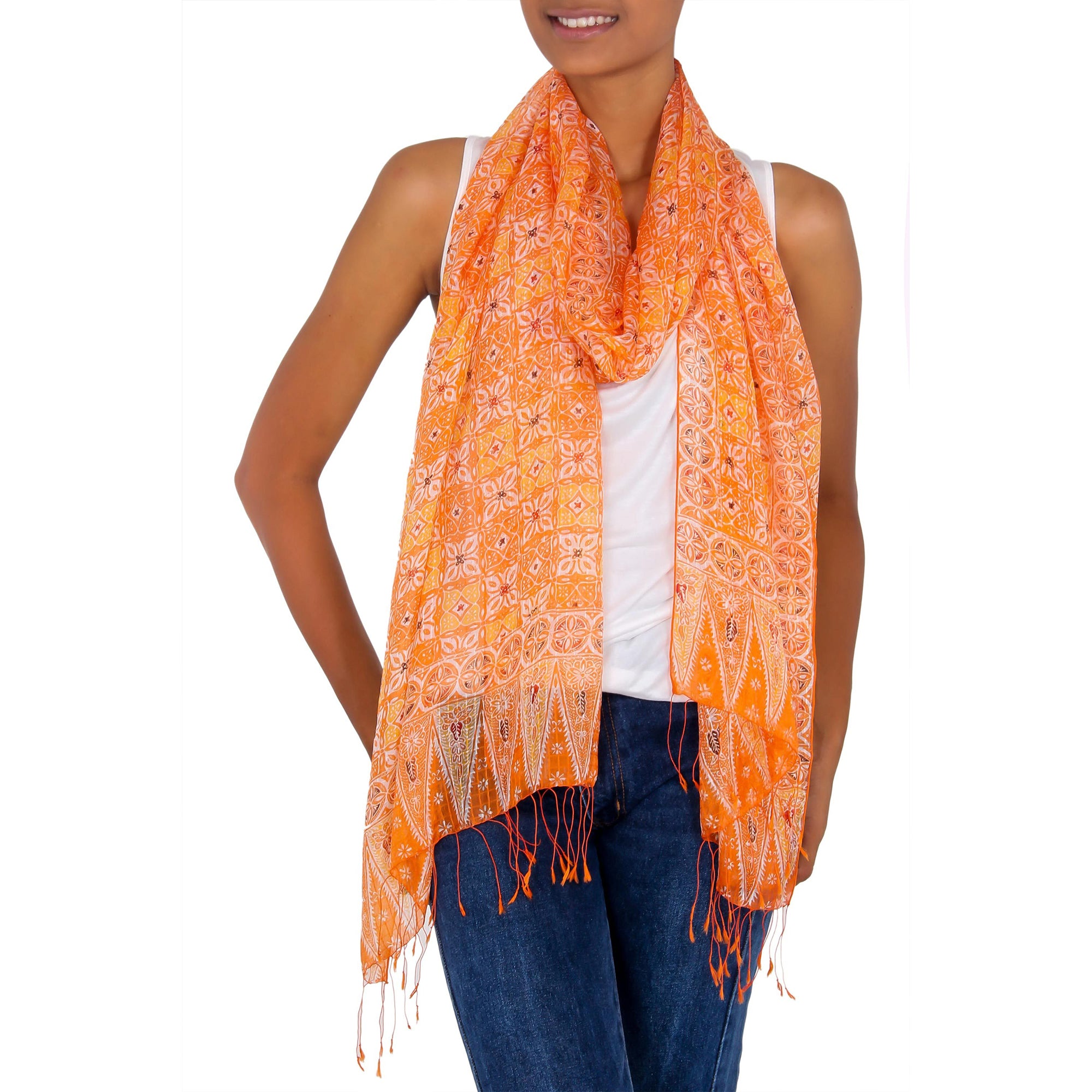 Premium Orange Jasmine Silk Shawl - Handcrafted Elegance