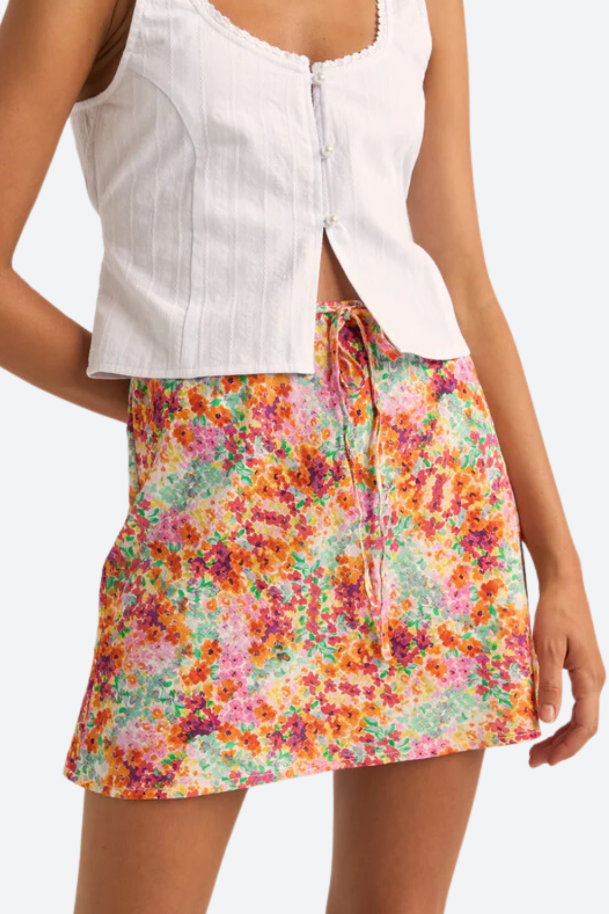 Premium Rhythm Sierra Floral Bias Cut Mini Skirt in Orange - Effortless Chic Style