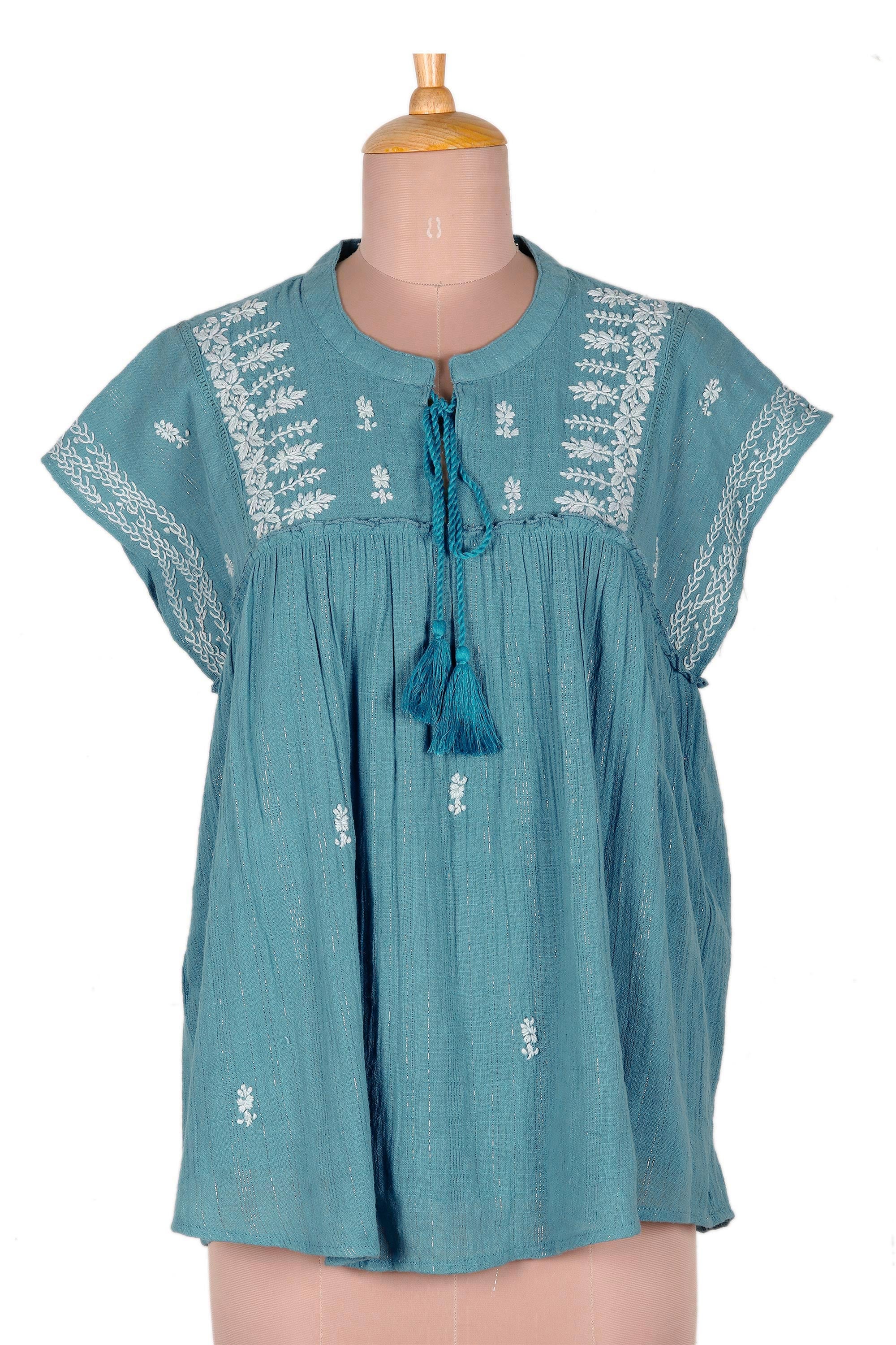 Premium Hand-Embroidered Teal Cotton Blouse | Casual Elegance