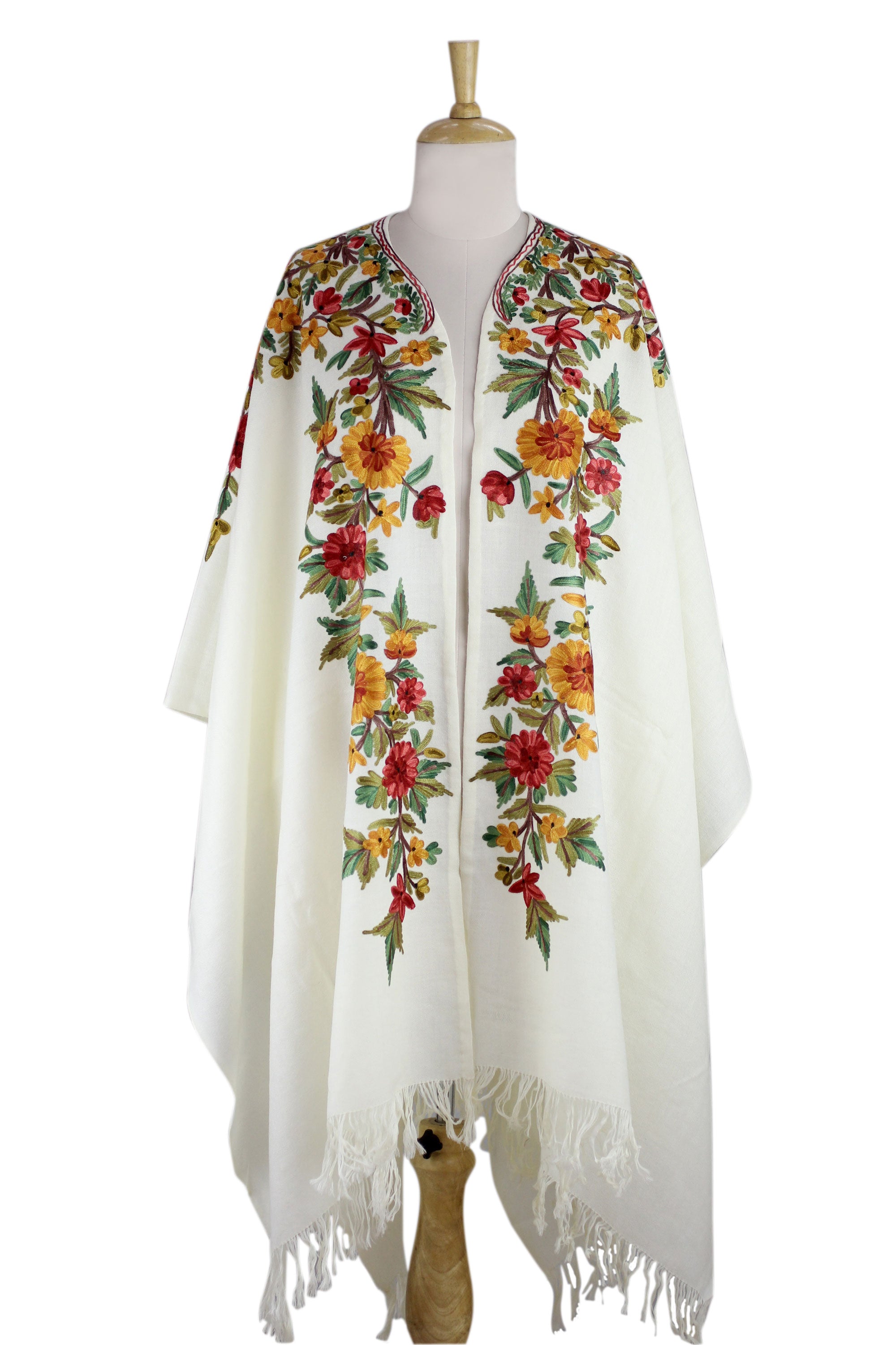 Premium White Wool Cape with Exquisite Chain Stitch Floral Embroidery