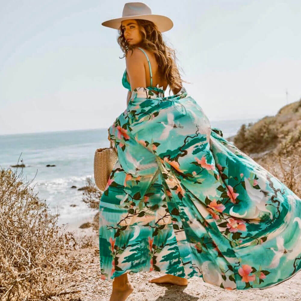 Premium Floral Maxi Cover-Up with Belted Waist & Oversize Sleeves