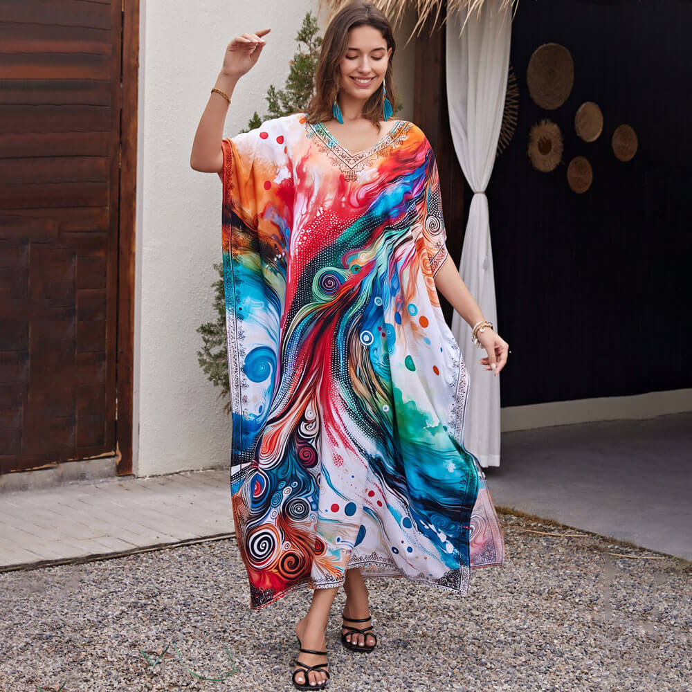 Premium Boho V-Neck Maxi Dress - Vibrant Brazilian Caftan Cover-Up