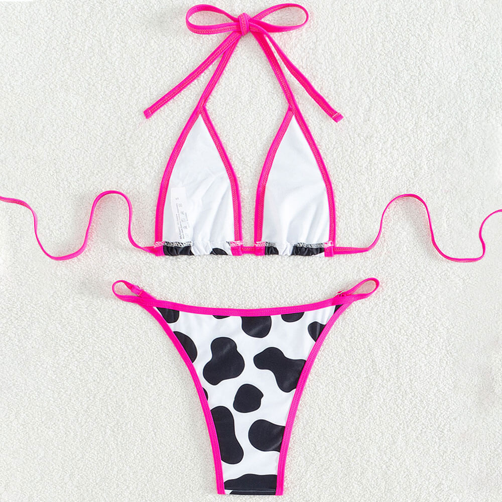 Ultimate Cow Print Neon String Bikini Set – Brazilian Micro Triangle Swimsuit