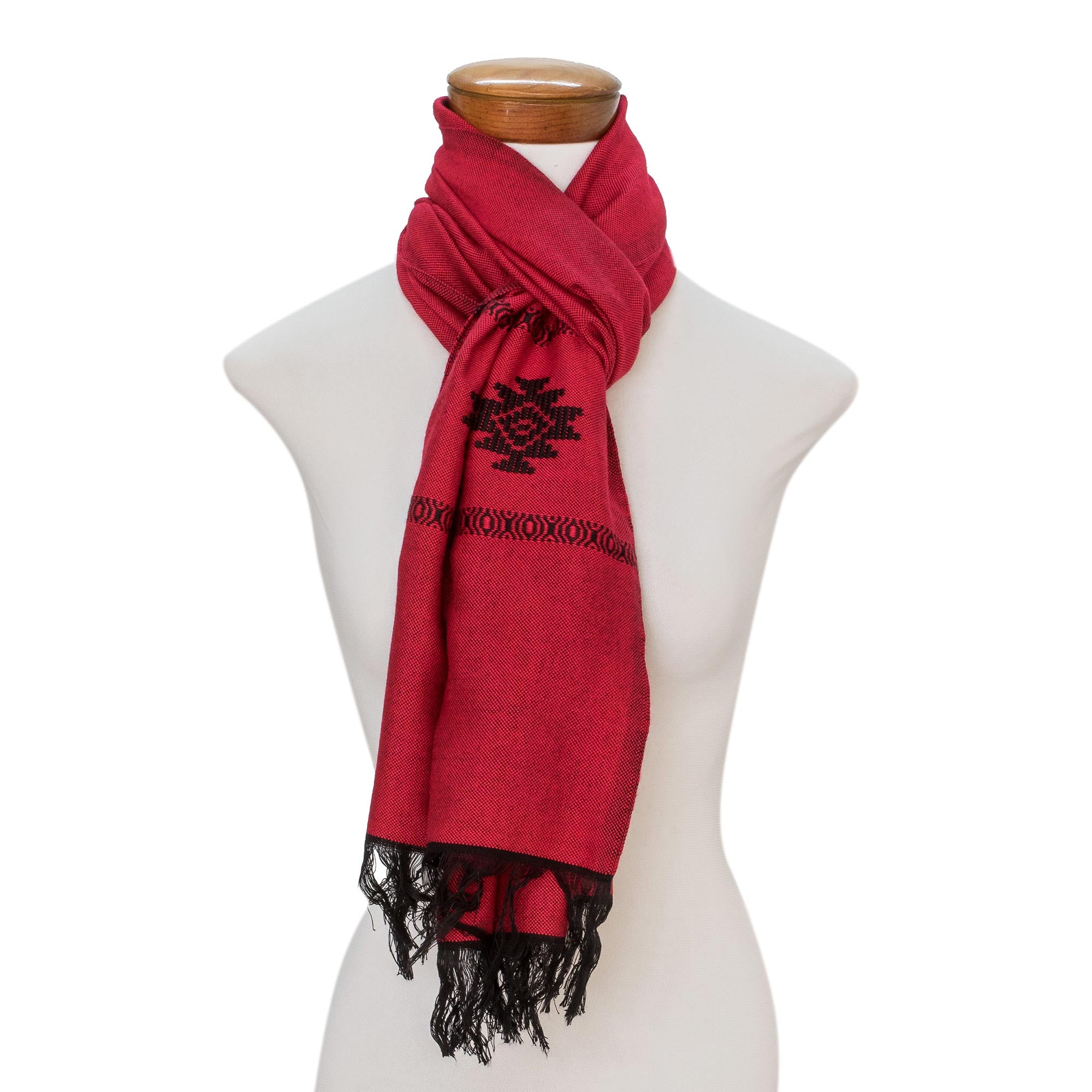 Premium Red Cotton Blend Scarf with Stepped-Fret Rhombus Design