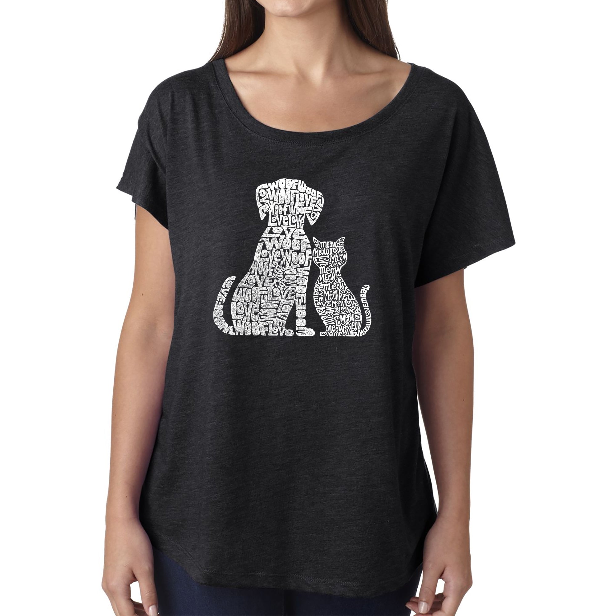 Premium Women's Loose Fit Dolman Cut Word Art Shirt - Dogs and Cats Love Design