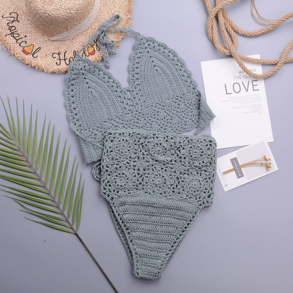 Premium Crochet Knit Halter Bikini Set - High Waist Brazilian Two Piece Swimsuit