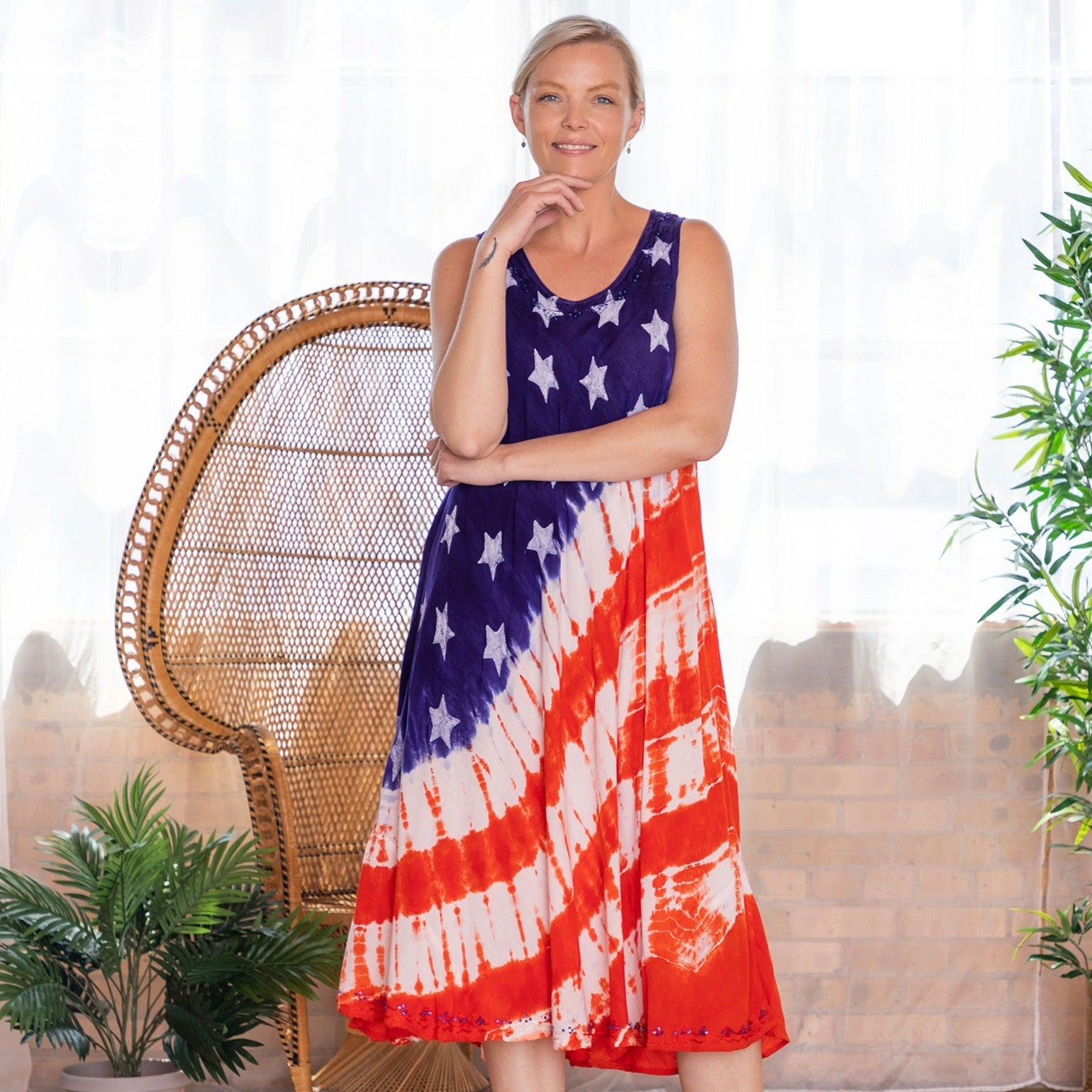 Premium Diagonal Stars & Stripes Sleeveless Maxi Dress