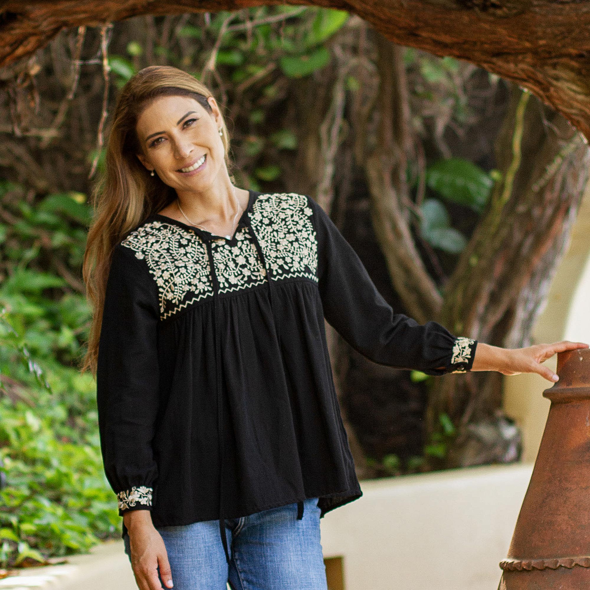 Premium Golden Black Oaxaca Blossoms Hand-Embroidered Boho Chic Blouse