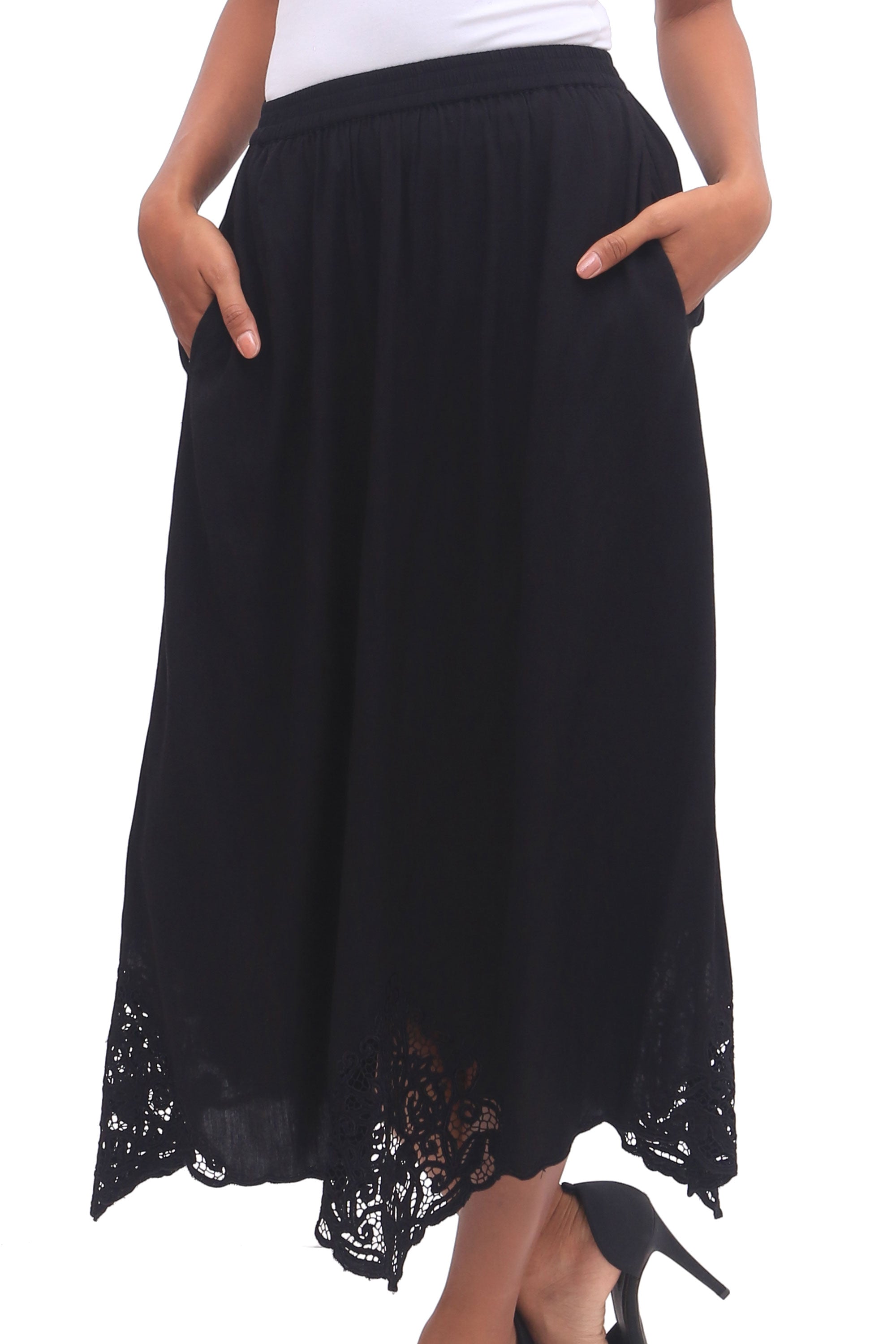 Premium Hand-Embroidered Rayon Midi Skirt - Onyx Elegance by Juwita Style