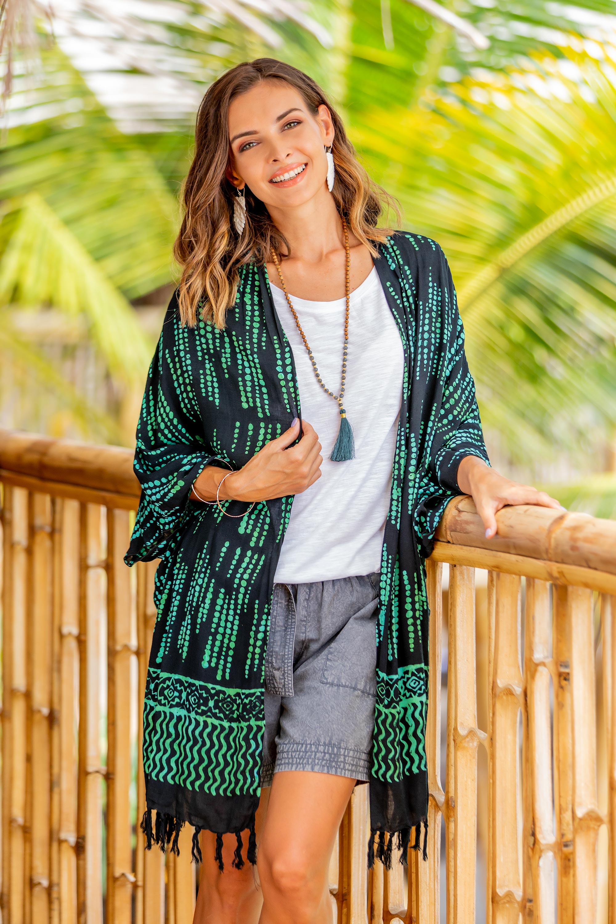 Premium Hand-Stamped Black & Mint Rayon Batik Kimono