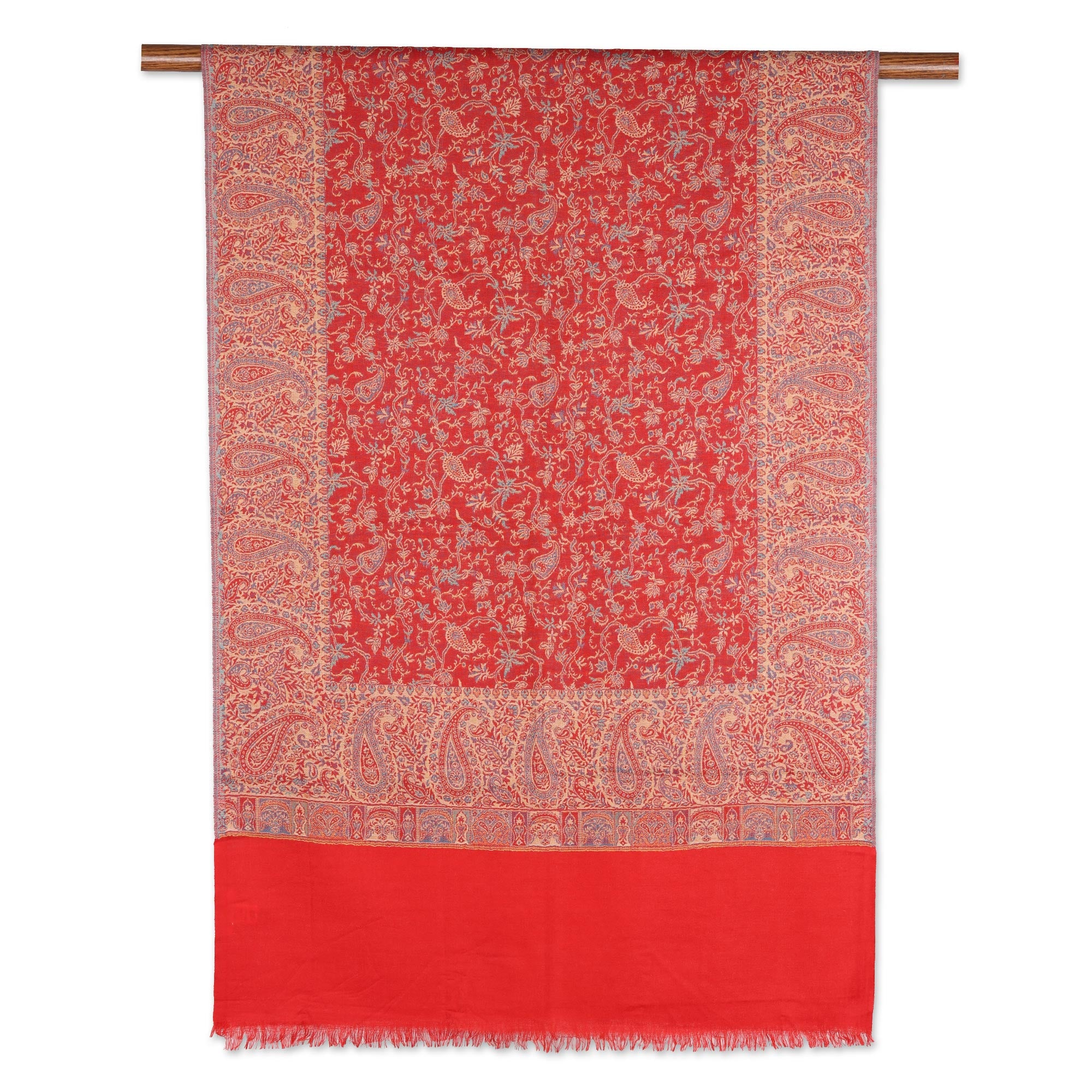 Premium Paisley Glamour Jamawar Wool Shawl - Poppy Red