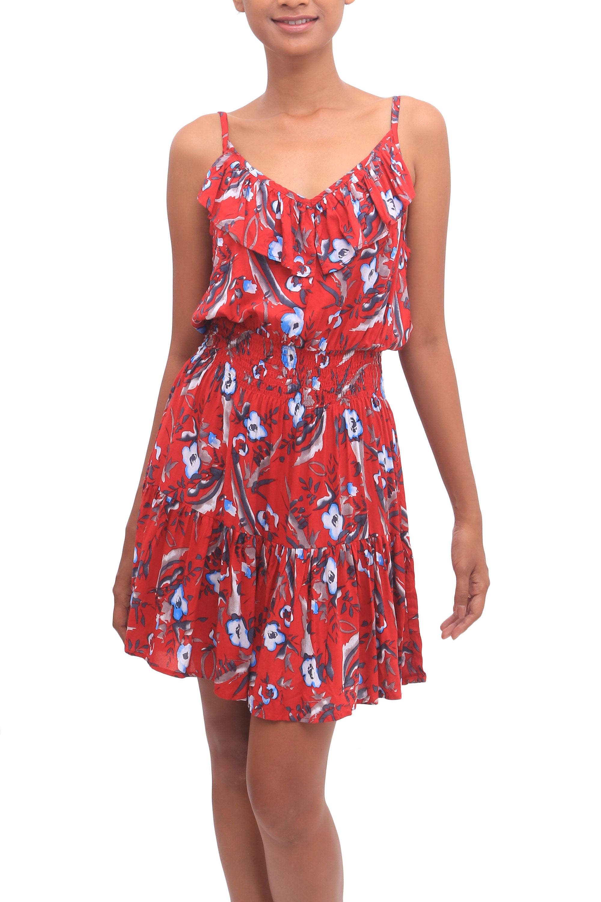 Premium Strawberry Floral Rayon Sundress - Empire Waist & Ruffled Hem