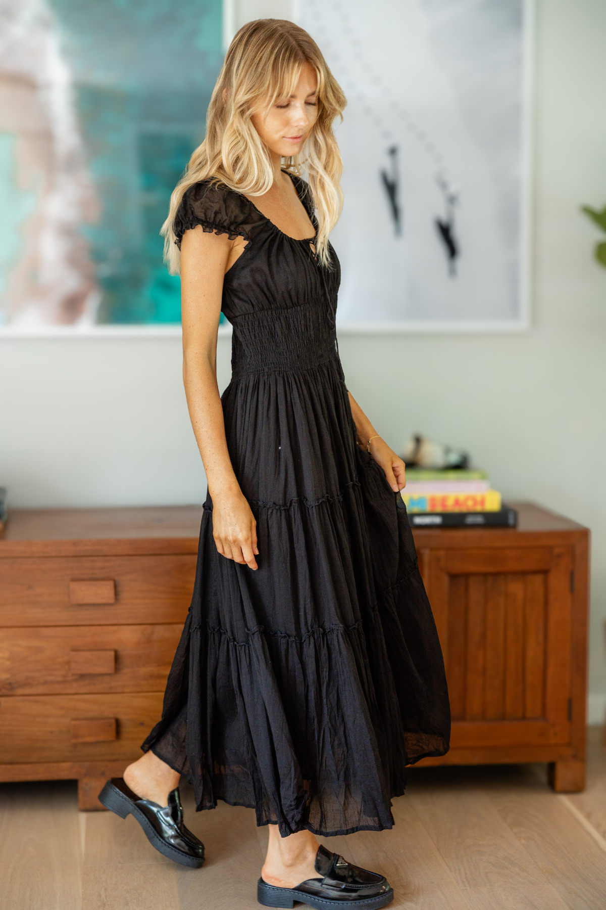 Premium Golden Trip Cotton Gauze Maxi Dress - Elegant Black