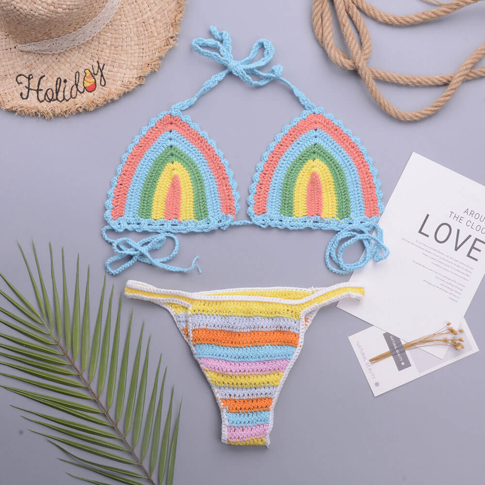 Premium Rainbow Crochet Halter Bikini Set - Brazilian Style Two-Piece Swimsuit