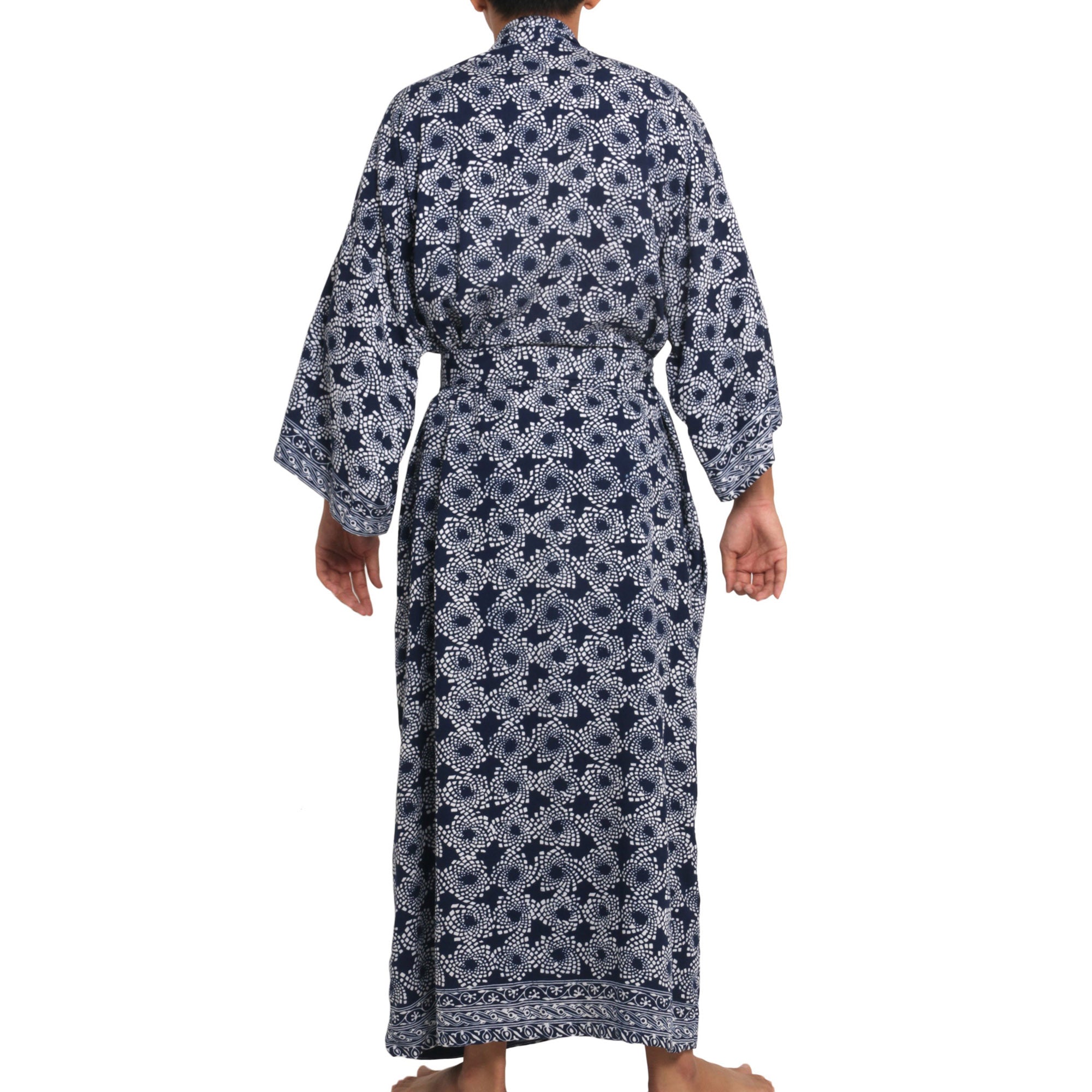 Premium Navy Blue Nebula Men's Batik Robe - Handmade Artistry