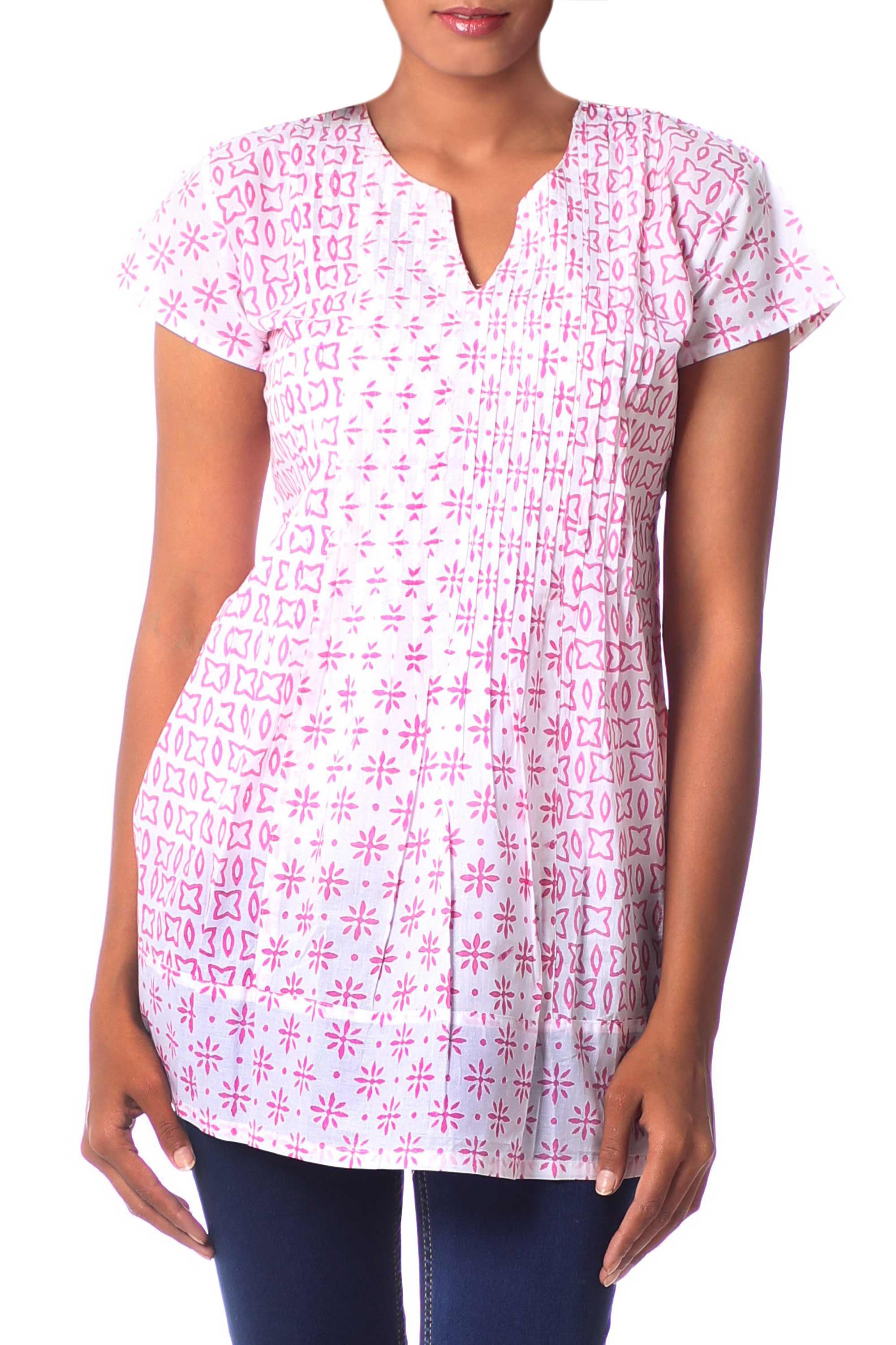 Premium Rose Harmony Handcrafted Cotton Tunic Top - Pink & White