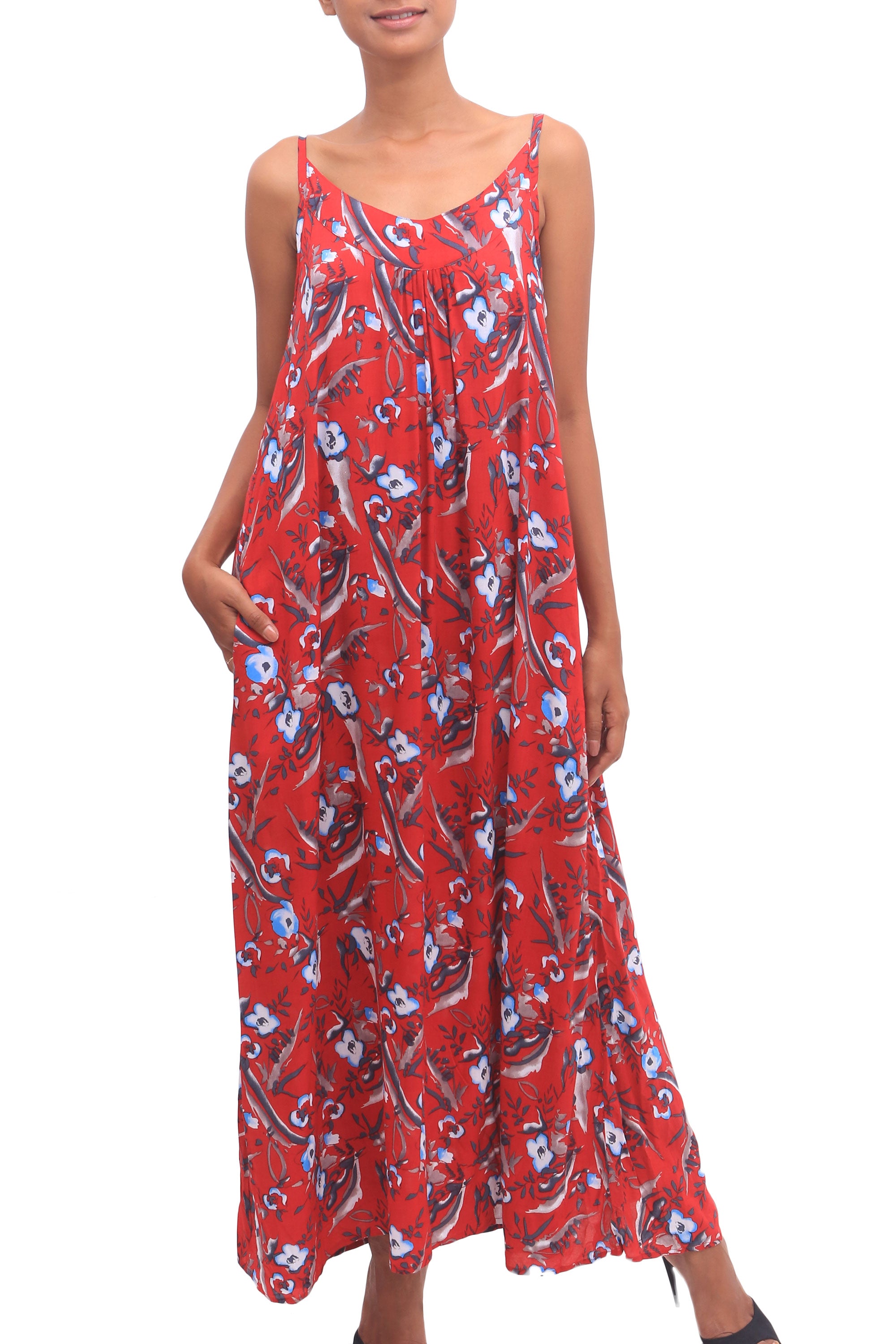 Premium Strawberry Floral Rayon Sundress - Bali-Inspired Elegance