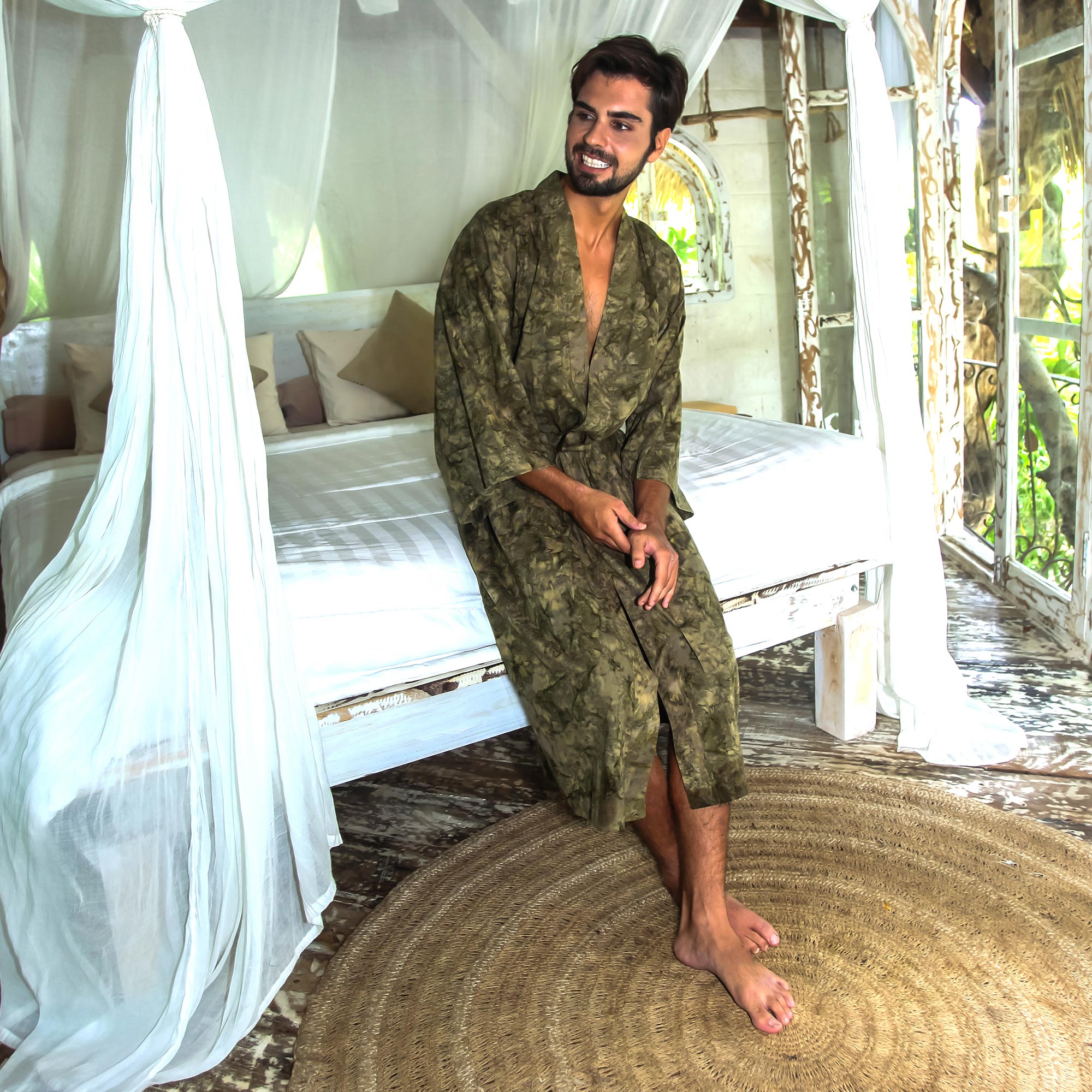 Premium Men's Green Moss Printed Robe - Handmade Luxury