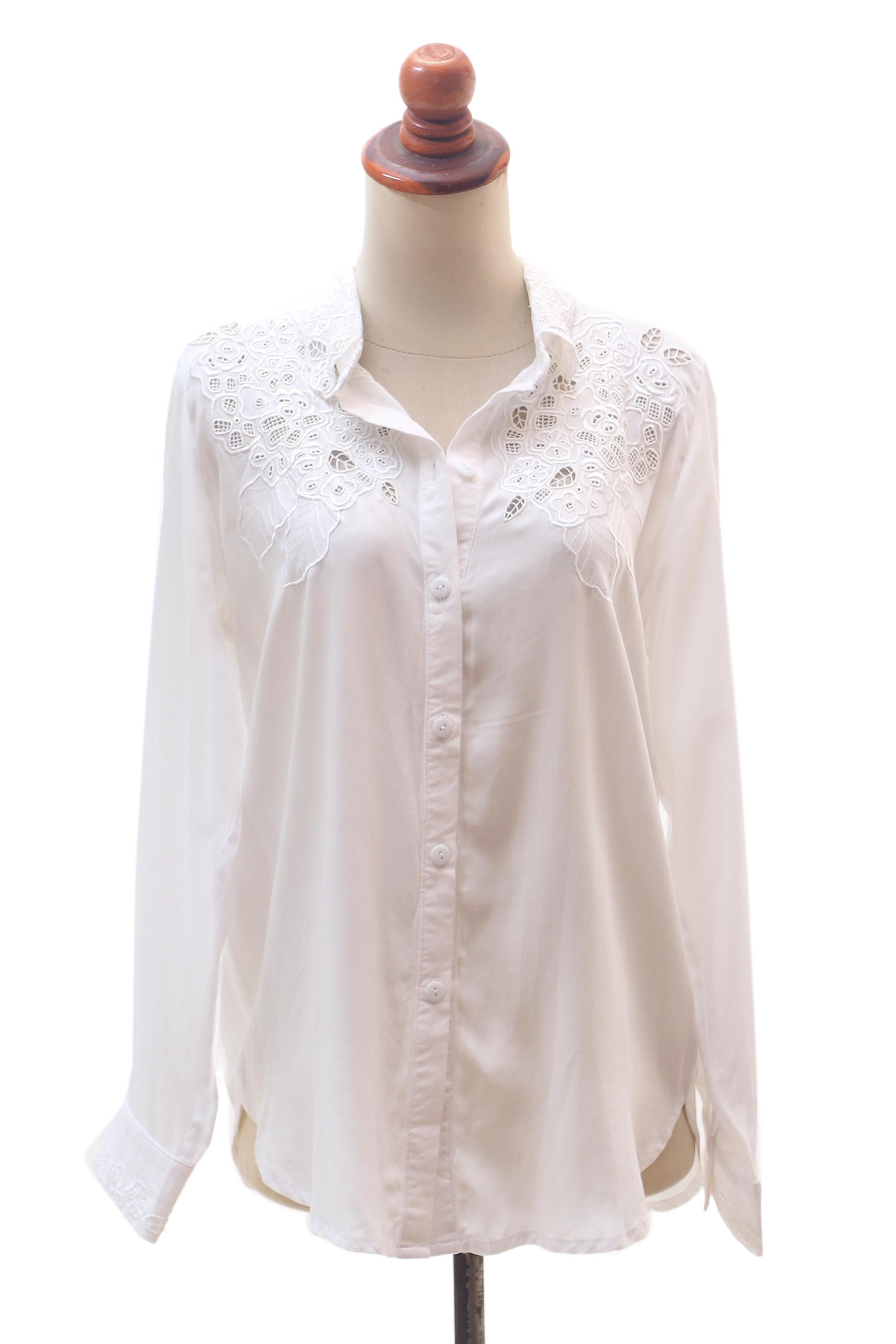 Premium White Floral Rayon Blouse – Handcrafted in Bali