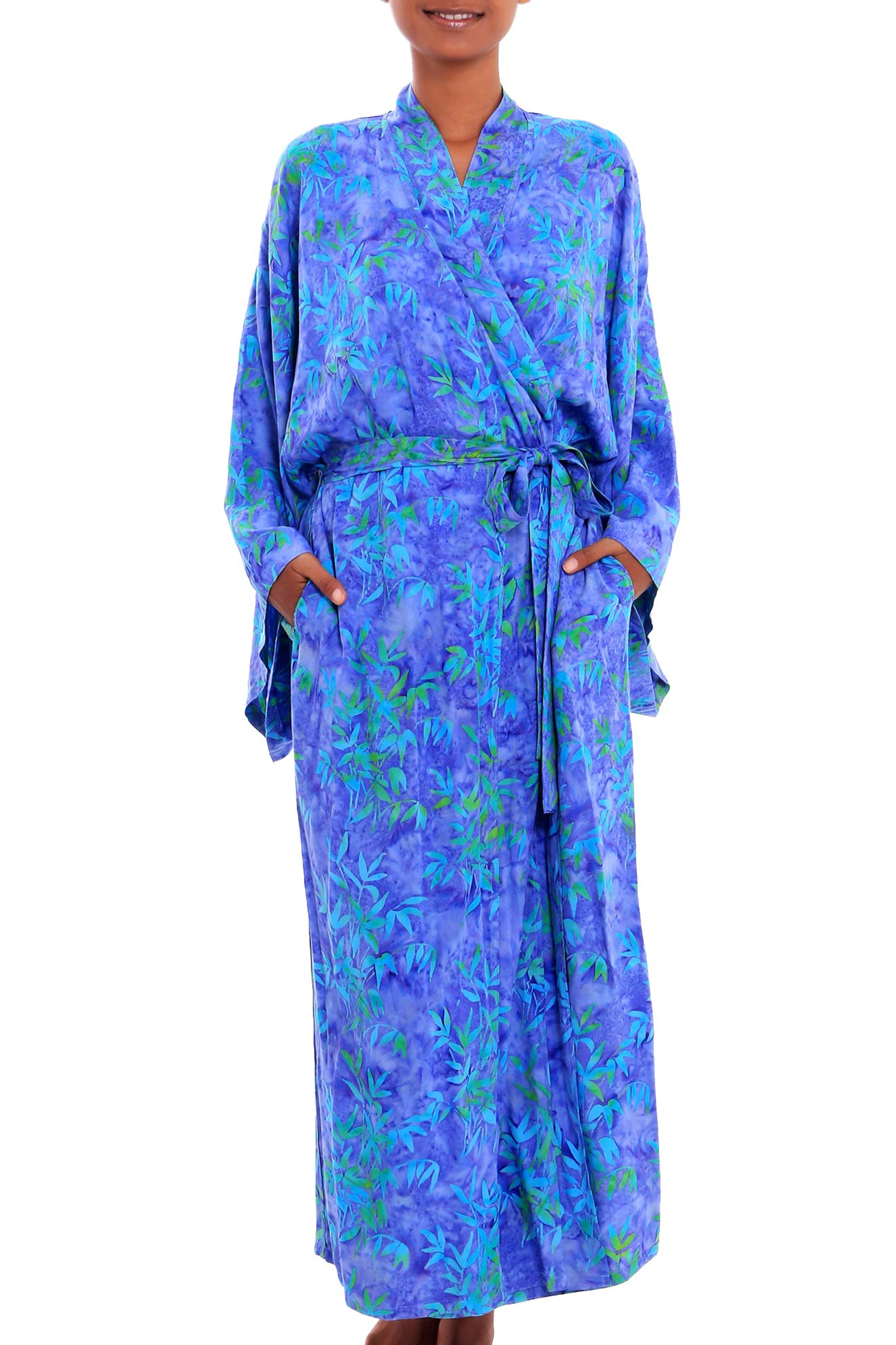 Premium Handcrafted Batik Rayon Robe with Belt - Mystical Grove Design