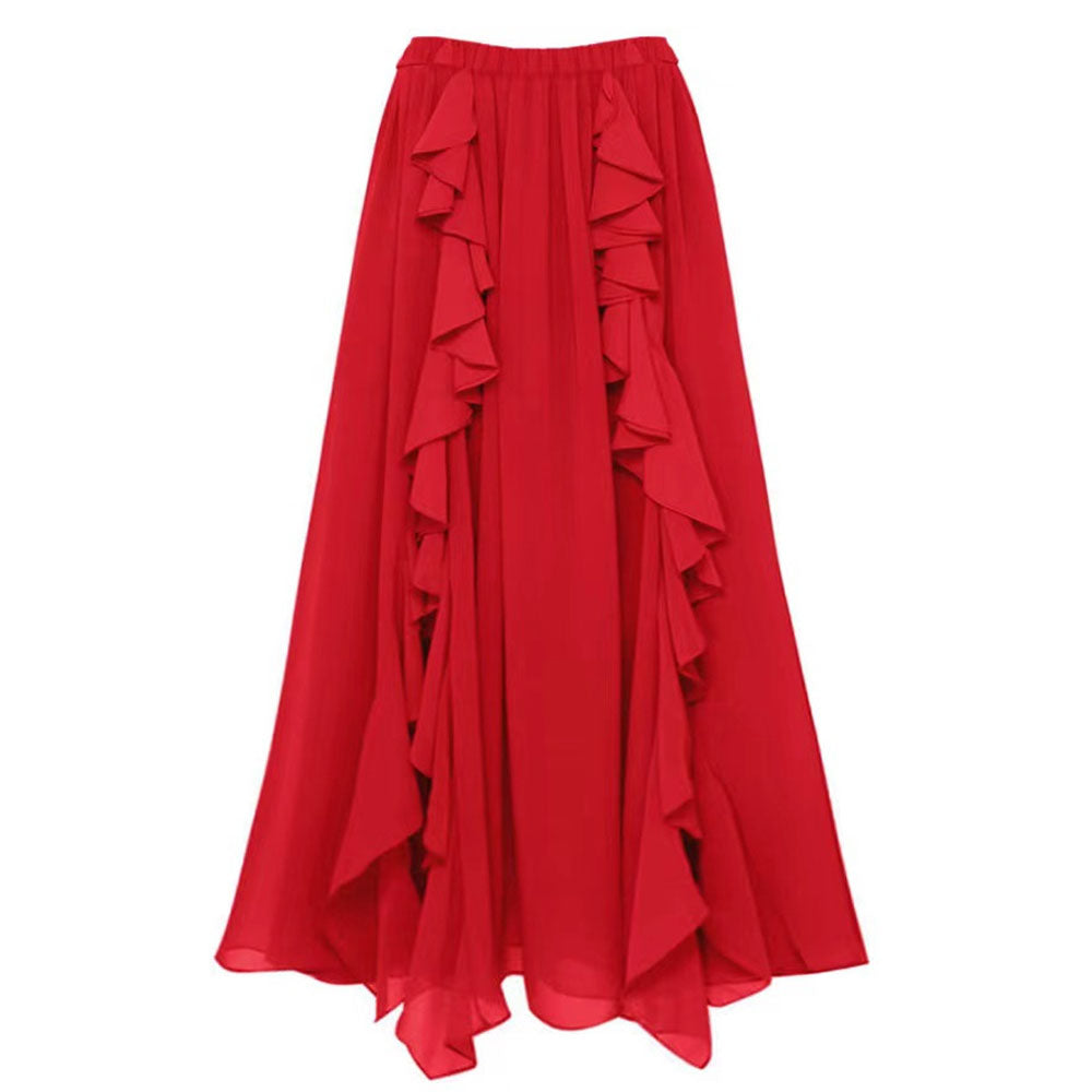 Elegant Red Flowy Maxi Skirt with High Waist & Front Split