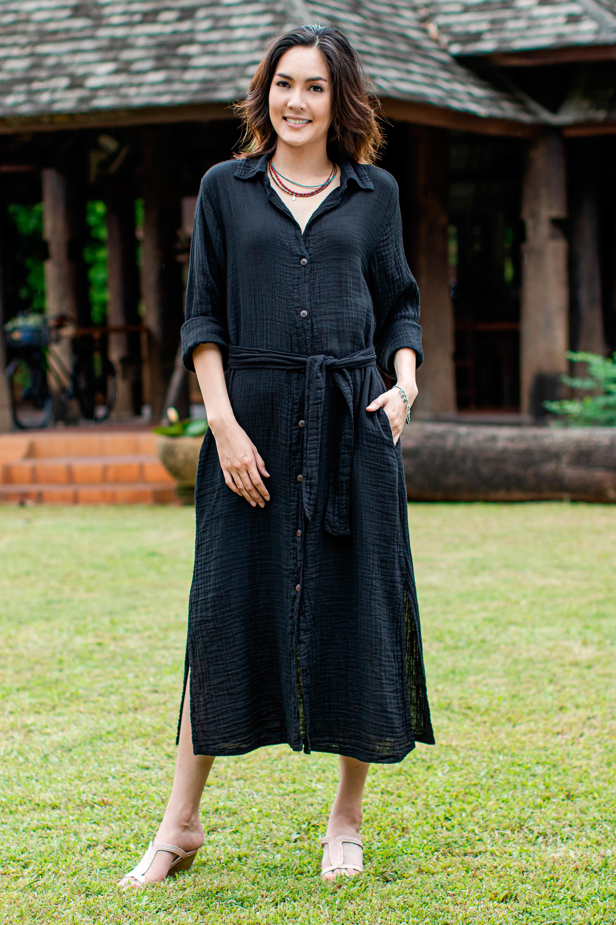 Premium Black Cotton Shirtwaist Dress with Belt - Handcrafted in Thailand