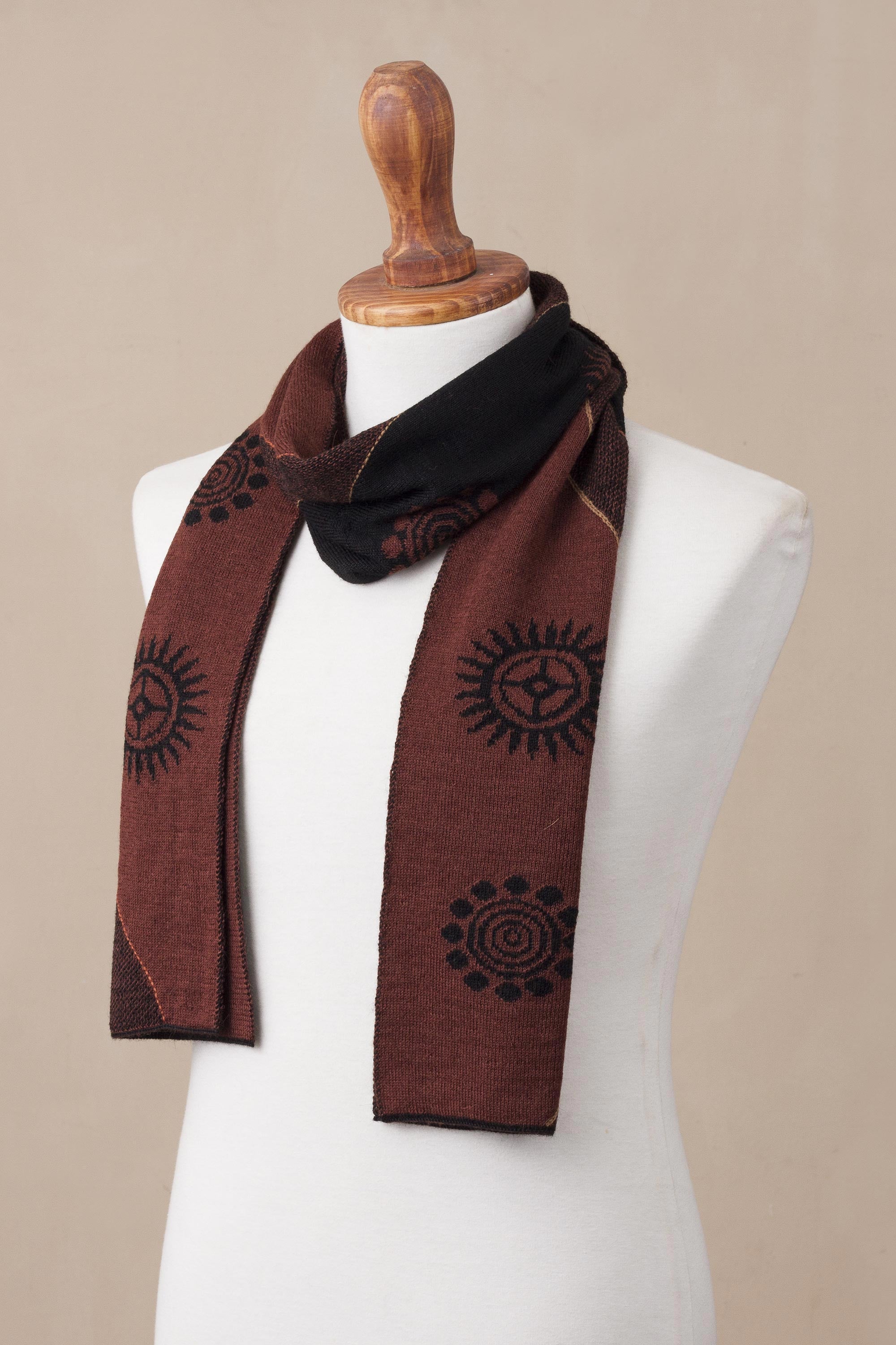 Premium Mahogany & Black Alpaca Blend Scarf – Inca Inspired Design